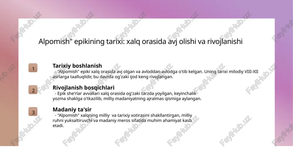 bog‘liqlik xalq og‘zaki ijodida muhim ahamiyatga ega. uslublar va ifodalar epik va lirik unsurlar yozma va og‘zaki shakllarda poetik uslublar bilan ifodalanadi. bu uslublar motivlarning chuqurligini va folkloriy asoslarni mustahkamlaydi. o‘zaro ta’sir va aks-sado epik va lirik elementlar folklorda bir-birini to‘ldiradi, motivlar va obrazlar orqali milliy tarix, ma’naviyat va xalq ruhiyatining uyg‘unligini ta’kidlaydi. alpomish" epikining madaniy-maʼnaviy ahamiyatini tahlil qilish 1 madaniy ahamiyat "alpomish" dostoni o'zbek milliy madaniyatining shakllanishida muhim o'rin tutadi. u xalqning tarixiy va ma'naviy qadriyatlarini yoritadi, milliy identitetni mustahkamlashda yordam beradi. 2 ma'naviy boylik epik asar xalq orasida ma'naviy quvvat va umid manbai bo'lib, odamlarning hayotga bo'lgan iymoni va qat'iyatini oshiradi. uning hikoyalari odatlarni va axloqiy qadriyatlarni o'rgatadi. 3 tarixiy xotira "alpomish" xalq tarixini, jang va sadoqatni ifodalaydi. u milliy tarixiy xotira va birligini mustahkamlashda, yosh avlodga o'z ildizlarini anglashda muhim rol o'ynaydi. oʻzbek folklorida "alpomish" ning ramziy va ma'naviy qiymatlari madaniy ramzlar "alpomish" dostoni o'zbek xalqining ma'naviy …