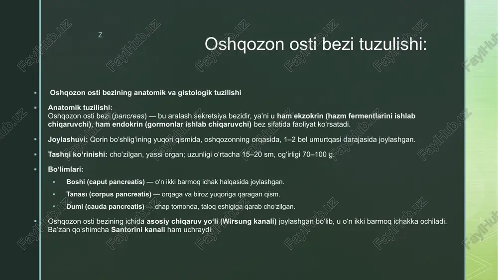 yoki gipoglikemiya rivojlanadi. bu tizim gipotalamus–gipofiz tizim orqali boshqariladi. z ultrasonografiya (uzi) eng ko‘p qo‘llaniladigan usul bo‘lib, zararsiz va informativdir.: radiatsiya yo‘q (ya’ni xavfsiz).tez, arzon va takror tekshirish mumkin.pankreasning kattaligi, konturi, zichligi va tuzilmasini baholaydi. ko‘rsatmalar: pankreatit(o‘tkir yoki surunkali) o’sma,kistq va fibroz,pankreas kanal kengayishi cheklovlar: meteorizm (ichak gazlari) natijasida bez to‘liq ko‘rinmasligi mumkin. 2. kt pankreaspatologiyasini aniqlashda eng aniqlik beruvchi usullardan biridir. afzalliklari: to‘liq 3d tasvir beradi. bez atrof to‘qimalari, qon tomirlar va o‘sma tarqalish darajasini ko‘rsatadi. nekroz, kalsifikat, yiringli o‘choqlarni aniq tasvirlaydi. qo‘llanilishi: pankreatit asoratlarini baholashda,o‘sma (rak)ni bosqillanadi.jarrohlik rejasini, tuzishda 3. magnet-rezonans tomografiya (mrt) yumshoq to‘qimalarni, ayniqsa pankreatik parenxima va o‘t yo‘llarini aniq ko‘rsatadi. afzalliklari: radiatsiya yo’q,pankreas strukturasini yuqori aniqlikda ko‘rsatadi. gormon ishlab chiqaruvchi o‘sma (insulinoma, gastrinoma)larni aniqlashda juda foydali. kamchiligi: narxi baland, tekshiruv uzoq davom etadi. 4. endoskopik retrograd xolangiopankreatografiya (erxpg) maxsus kontrast modda yordamida pankreatik va o‘t yo‘llarini ko‘rish imkonini beradi. afzalliklari: diagnostika bilan birga davolash maqsadida …