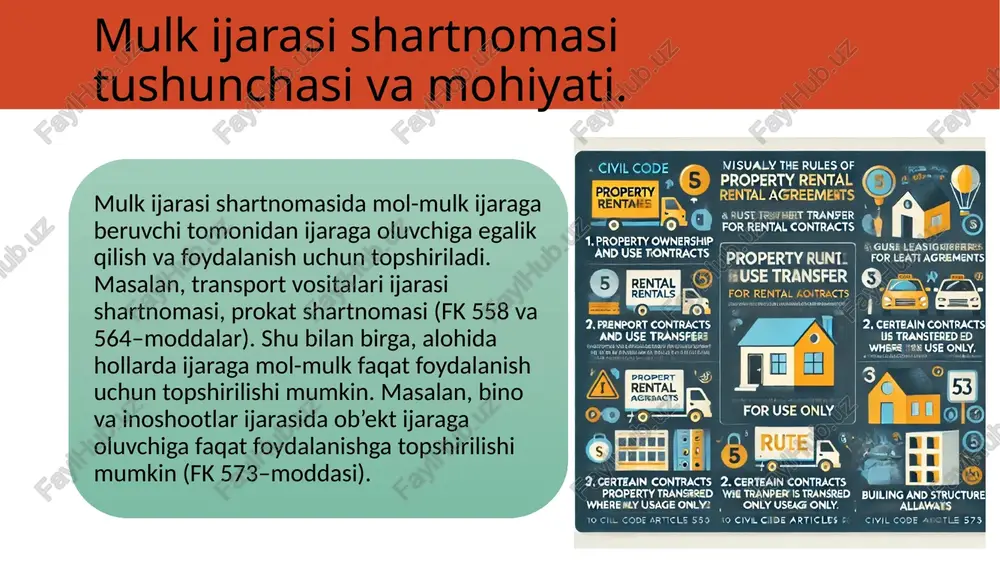 ining mavjud bo’lishi oqibatlari mulkni ijaraga berishda qoida tariqasida mol-mulk bilan birgalikda unga mansub ashyolar va unga tegishli hujjatlar ham qo’shib beriladi. masalan, avtotransport vositasi ijarasi shartnomasi bo’yicha avtomobilga texnik xizmat ko’rsatishga mo’ljallangan asbob-uskunalar (domkrat, kalit va h.k.) ham taqdim qilinadi. kir yuvish mashinasi ijaraga berilganda, undan foydalanish bo’yicha yo’riqnoma ham taqdim qilinadi. ijara ashyosi qo’shib topshirilmaganda a) mol-mulkdagi kamchiliklarni tekinga bartaraf etishni; b) ijara haqini mutanosib ravishda kamaytirishni; v) mol-mulkdagi kamchiliklarni bartaraf etish uchun qilgan o’z xarajatlarini qoplashni talab qilishi mumkin. g) shartnomani muddatidan oldin bekor qilishni talab qilishga haqli. quyida ko’rsatilgan holarda ijaraga beruvchi ijaraga berilgan mol-mulkdagi kamchiliklar uchun javobgarlikdan ozod qilinadi: a) kamchiliklar shartnoma tuzish vaqtida ijaraga beruvchi oldindan aytib qo’yilgan bo’lsa; b) kamchiliklar ijaraga oluvchiga oldindan ma’lum bo’lgan bo’lsa; v) agar kamchiliklar shartnomani tuzishda yoki mol-mulkni ijaraga topshirish paytida uni ko’zdan kechirganda yoxud uning sozligini tekshirganda ijaraga oluvchi aniqlashi kerak bo’lgan bo’lsa. mol-mulkdan foydalanganlik uchun haq …