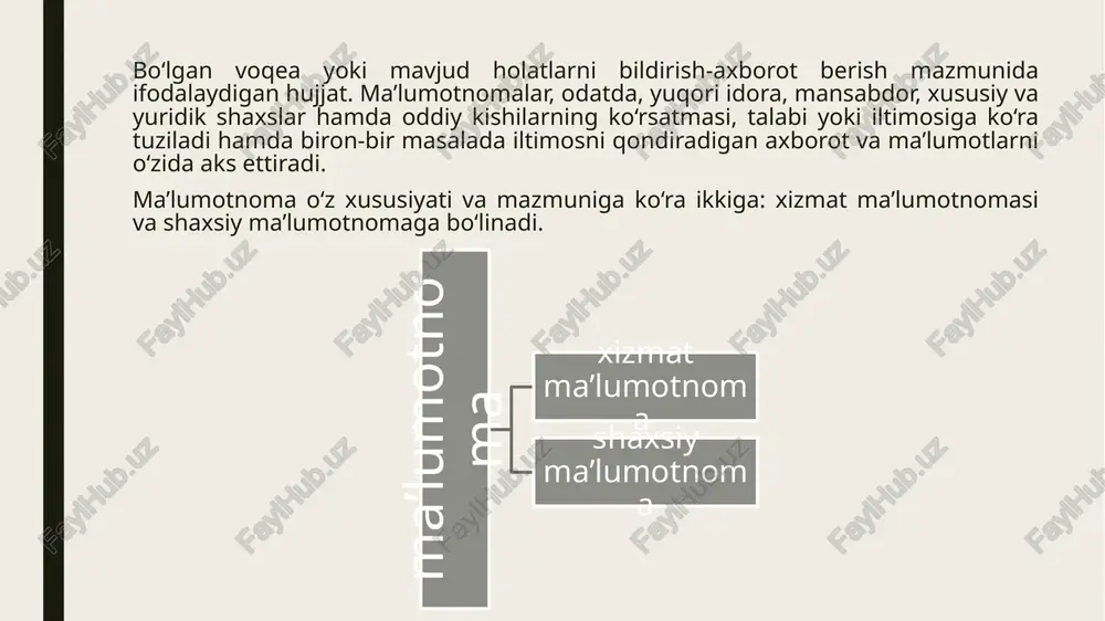 da ma’lumotnomalar beradi. bulardan tashqari, adliya idoralari tomonidan ham fuqarolarga tasdiqlovchi, guvohlantiruvchi ma’lumotnomalar beriladi. shaxsiy ma’lumotnomasi yuqoridagi ma’lumotnomalar zaruriy hisoblanadi. biroq idoralarda o‘tirib olgan ayrim rasmiyatchi mansabdorlar xohishi bilan zarur bo‘lmagan kezlarda ham ma’lumotnoma talab qilinadigan hollar bo‘lib turadi. respublika prezidentining bir qator nutqlari va muloqotlarida, vazirlar mahkamasining tegishli qaror va ko‘rsatmalarida fuqarolarni ishga qabul qilishda va fuqarolarning maishiy talablarini hal qilishdagi buzilishlar, jumladan, fuqarolardan ko‘plab xilma-xil ma’lumotnomalar talab qilgan korxona va tashkilotlar rahbarlarining noto‘g‘ri xatti-harakatlari qoralangan. ko‘pgina zaruriy ma’lumotlarni pasportdan, mehnat daftarchasidan yoki boshqa hujjatlardan bilib olish mumkin, binobarin, davlat va nodavlat, xo‘jalik idoralari, muassasalar zimmasiga ayrim zaruriy ma’lumotlar kishi shaxsi va mehnat faoliyatidan dalolat beruvchi hujjatlar ko‘rsatilganda tasdiqlanishi mumkin bo‘lgan hollarda undan yozma ma’lumotnomalar talab qilmaslik majburiyati yuklangan. hozirgi kunda fuqarolarning ortiqcha ovoragarchiligini oldini olish maqsadida davlat xizmatlari agentligida tegishli tashkilotlardan hujjat olishning elektron shakli joriy etilgan. shaxsiy ma’lumotnoma o‘zining zaruriy qismlari jihatidan rasmiy xizmat ma’lumotnomasiga yaqin turadi, …