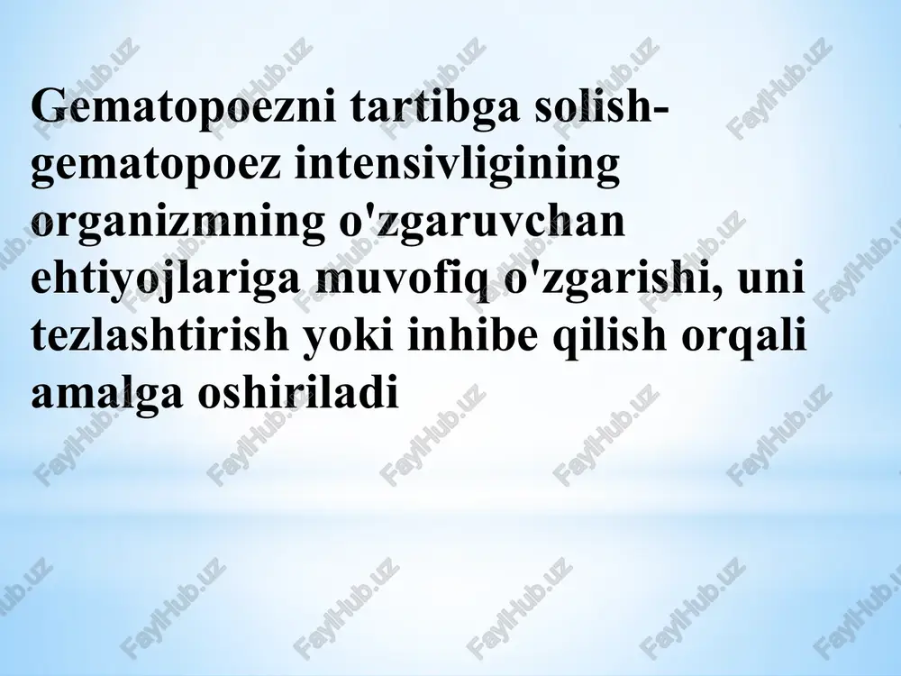 ekursori → b va t limfotsitlarining unipotent prekursorlari → b - va t-limfoblastlar → b - va t-prolimfotsitlar → b - va t-limfotsitlar. limfopoetik hujayralarning olti sinfga bo'linishi biroz shartli. ularning rivojlanishi qonning boshqa elementlariga qaraganda ancha murakkab. limfopoez ikki bosqichni o'z ichiga oladi: antigenga bog'liq va antigenga bog'liq differentsiatsiya va b va t limfotsitlarining kamoloti. limfotsitopoezning o'ziga xos xususiyati differentsiatsiyalangan hujayralarning (t va b limfotsitlari) portlash shakllariga ajratish qobiliyatidir. bunday holda, effektor limfotsitlar – t-qotil, t-yordamchi va t-supressorlar t-immunoblastdan, b – immunoblastdan (plazmoblastdan) - proplazmotsitlar va plazmotsitlar (etuk hujayralar) hosil bo'ladi. e’tiboringiz uchun rahmat . image1.emf _________microsoft_word_97-20031.doc image2.emf _________microsoft_word_97-20032.doc image3.emf _________microsoft_word_97-20033.doc image4.png image5.png image6.emf _________microsoft_word_97-20034.doc image7.png image8.png image9.png image10.png image11.png image12.emf _________microsoft_word_97-20035.doc image13.emf _________microsoft_word_97-20036.doc image14.png image15.emf _________microsoft_word_97-20037.doc image16.emf _________microsoft_word_97-20038.doc image17.png image18.png image19.png gematopoez-ildiz gemoetik hujayralarni tanadagi tabiiy pasayishini ta'minlaydigan etuk qon hujayralarining har xil turlariga aylantirish jarayonlari to'plami gematopoez-ildiz gemoetik hujayralarni tanadagi tabiiy pasayishini ta'minlaydigan etuk qon hujayralarining har …