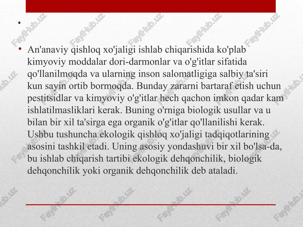 irligining tayyorlagan qoida doirasida organik qishloq xo'jaligi tamoyillari va qo'llanilish usullari aniqlangan, organik qishloq xo'jaligini qo'llashda to'g'ri mahsulotning to'g'ri mahsulotdagi to'g'ri mahsulotga talab qilinadigan oziq-ovqat mahsulotlarini tabiiy manbalardan kerakli vaqtda olish zarur. ikkinchi jahon urushidan keyingi qishloq xo'jaligida sintetik kimyoviy preparatlarni qo'llash ortib bormoqda ... 1980-da olimlar tomonidan olib borilgan ishlar natijasida atrof-muhit va inson salomatligiga tahdid soladigan bu amaliyotlar suv resurslari va tuproqlarni ifloslantirmoqda, shuningdek, jonzotlarning hayotini xavf ostiga qo'yadi. . e’tiboringiz uchun rahmat image2.png image3.png image4.png image5.png image6.png /docprops/thumbnail.jpeg