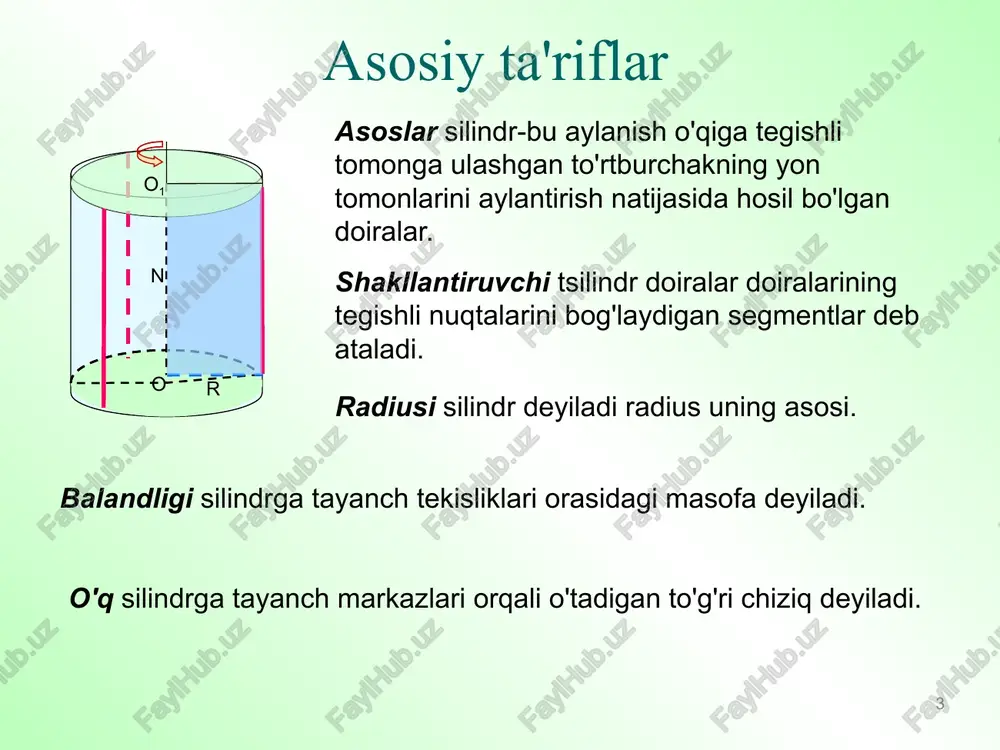 trapetsiya. kesilgan konusning o'qi orqali o'tadigan tekislik bilan kesimi deyiladi eksenel tasavvurlar. eksenel qism isoscellar trapezoiddir. r r 11 shar va to'p to'p bilan yarim doira uning diametri atrofida aylanayotganda olingan jism deyiladi. sfera yarim doira uning diametri atrofida aylanayotganda olingan sirt deyiladi. to'p sfera 12 asosiy ta'riflar to'p bilan berilgan nuqtadan katta bo'lmagan masofada joylashgan kosmosning barcha nuqtalaridan tashkil topgan jism deyiladi. bu nuqta deyiladi markaz to'p va bu masofa deyiladi radiusi to'p. to'pning chegarasi to'p yuzasi deb ataladi yoki sfera bilan. to'pning markazini to'p yuzasi nuqtasi bilan bog'laydigan har qanday segment deyiladi radiusi bilan. to'p yuzasining ikki nuqtasini bog'laydigan va to'pning o'rtasidan o'tadigan segment deyiladi diametri. r r r d o r 13 loginova n. v. mbou "16-sonli o'rta maktab" 02.11.2025 14 e'tiboringiz uchun tashakkur! image1.gif image2.wmf image3.wmf image4.wmf image5.wmf image6.wmf image7.wmf image8.wmf image9.wmf image10.wmf image11.gif image12.gif image13.gif b r p 2 n r a a r p …