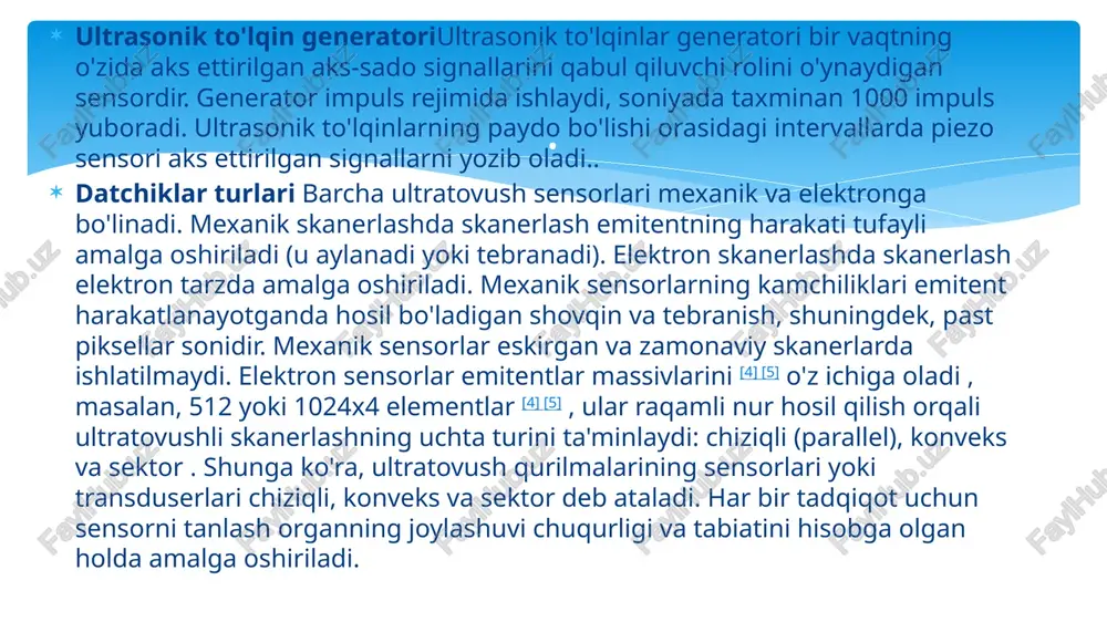 . u transduserning o'lchami va natijada olingan tasvir o'rtasida yanada katta tafovutga ega, shuning uchun u birinchi navbatda tananing kichik maydonidan chuqurlikda katta ko'rinish olish kerak bo'lgan hollarda qo'llaniladi. masalan, interkostal bo'shliqlar orqali tekshirishda sektorni skanerlashdan foydalanish tavsiya etiladi. sektor sensori uchun odatiy dastur ekokardiyografiya, yurakni o'rganishdir. ultrasonik emissiya geli eshitiladigan diapazondan farqli o'laroq, ultratovush nozik (mm fraktsiyalari) to'siqlar bilan sezilarli darajada zaiflashadi va buziladi va yuqori skanerlash aniqligi faqat tovushning amplitudasi va harakat vaqtidagi minimal buzilish bilan mumkin. sensorni oddiygina qo'llash orqali doimo o'zgaruvchan qalinlik va geometriyadagi havo qatlami hosil bo'ladi. ultratovush interlayerning ikkala chegarasidan ham aks etadi, zaiflashadi va foydali aks ettirishga aralashadi. aloqa nuqtasida aks ettiruvchi chegaralarni yo'q qilish uchun sensor va teri o'rtasidagi joyni to'ldirish uchun maxsus jellar qo'llaniladi. jelning odatiy tarkibi: glitserin, natriy tetraborat, malein angidridli stirol kopolimeri, tozalangan suv . ko'rsatilgan aks-sado signallari kuchaytirgichga va maxsus rekonstruksiya tizimlariga kiradi, shundan so'ng ular monitor ekranida …