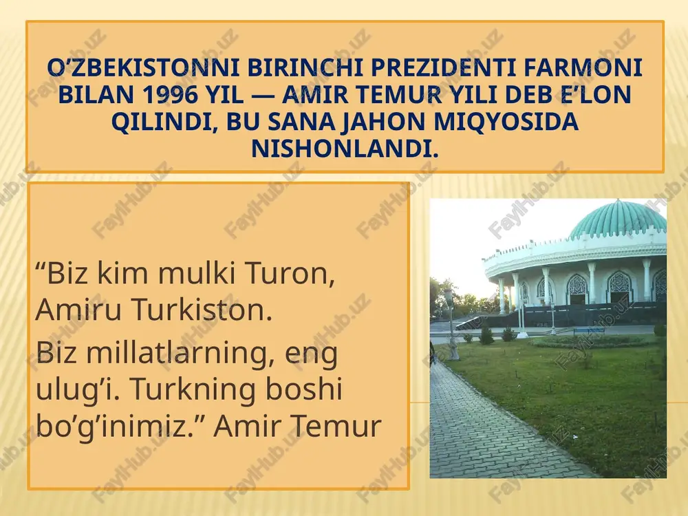 boyazid yeldirimga qarshi kurashi edi amir temurning turk sultoni boyazid yeldirimga qarshi kurashi amir temur saltanati buyuk sohibqironning fazilatlari irodalilik, qattiqqo’llik, jasoratlilik,sobitlik,vazminlik, chidamlilik, sabr-bardoshlik, insoflilik, mehribonlik, muruvvatpeshalik, ma’rifatparvarlik, ilmparvarlik, donishmandlik, rayiatparvarlik, adolatparvarlik, kechirimlilik, rahimdillik, olijanoblik, mardlik, bahodirlik. amir temurning vafot etishi 1402- yil 20-iyulda anqara yaqinida yildirim boyazid bilan jang bo’lib o’tadi. bu jangda yildirim boyazid mag’lubiyatga uchraydi.amir temurning vorislariga shavqat qilib yerlarni suyurg’ol qilib beradi.1404 yil xitoyga yurishga chiqadi. biroq to’satdan vafot etib bu yurish amalga oshmay qoladi. image3.jpeg image4.jpeg image5.jpeg image6.jpeg image7.jpeg image8.jpeg image9.jpeg image10.jpeg image11.jpeg image12.jpeg image13.jpeg image14.png image15.jpeg /docprops/thumbnail.jpeg
