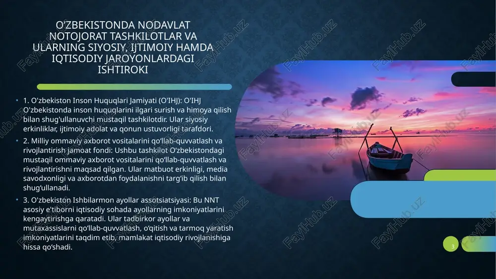 osatni ishlab chiqish va boshqaruvda faol ishtirokini rag‘batlantirishni o‘z ichiga oladi. 6 7 o‘zbekiston respublikasi prezidenti i.a. karimovning o‘zbekiston respublikasi oliy majlisi qonunchilik palatasi va senatining 2010-yil 12-noyabrda o‘tkazilgan qo‘shma majlisidagi “mamlakatimizda demokratik islohotlarni yanada chuqurlashtirish va fuqarolik jamiyatini rivojlantirish konsepsiyasi” unda mustaqillik yillarida mamlakatimizda amalga oshirilgan ijtimoiy-siyosiy va sotsial-iqtisodiy o‘zgartirishlar jarayoni, o‘zbekistonning demokratik va iqtisodiy islohotlarni o‘tkazishdagi asosiy yutuqlari chuqur tahlil qilindi, ijtimoiy yo‘naltirilgan bozor iqtisodiyotiga ega bo‘lgan ochiq demokratik davlat mavzuidagi ma’ruzasi mamlakatimiz siyosiy va ijtimoiy hayotida g‘oyat muhim voqea bo‘ldi. qurishning, fuqarolik jamiyatini rivojlantirishning ustuvor yo‘nalishlari belgilandi. 7 o’zbekiston respublikasi yangi konstitutsiyasini umumxalq tomonidan qabul qilinishi 2022-yilning may oyi xalqimiz hayotida oʻziga xos voqelikka ega boʻlgan oy sifatida tarixga muhrlanmoqda. boisi 17-may kuni mamlakatimiz parlamentida eng koʻp deputatlik oʻrniga ega boʻlgan ikki siyosiy partiya – tadbirkorlar va ishbilarmonlar harakati – oʻzbekiston liberal-demokratik partiyasi va “milliy tiklanish” demokratik partiyasi fraksiyalari tashabbusi bilan oʻzbekiston respublikasi konstitutsiyasiga oʻzgartish va qoʻshimchalar …