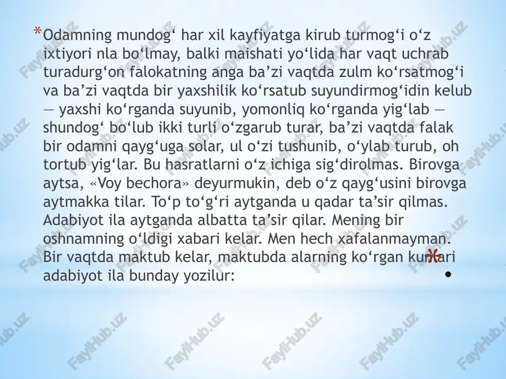 lilarimiz esa ovrupo kiyumliklaridan va qiymatlik papiro‘slaridan lazzat olurlarki, «adabiyot nima?» desang, javobida yuqorida aytilgancha «ya’ni, masalan»dan boshqa javoblari yo‘qdir. mana shuning uchundirki, kundan-kunga ruhimiz tushub, keladirg‘on istiqbolimizga umidsiz qarab, boshqa millatlar kabi shod va umidli yashamaymiz va bizda shodlik va ruh bo‘lmagani uchun bir ishni qilamiz deb endi o‘ylaganimizda o‘y yo‘q — fikrlar chochilub, aqllarimiz parishon bo‘lub ketar. . adabiyot chin ma’nosi ila o‘lgan, so‘ngan qaralgan, o‘chgan, yarador ko‘ngilga ruh bermak uchun, faqat vujudimizga emas, qonlarimizga qadar singishgan qora balchiqlarni tozalaydirg‘on, o‘tkur yurak kirlarini yuvadurg‘on toza ma’rifat suvi, xiralashgan oynalarimizni yorug‘ va ravshan qiladirg‘on, chang va tuprog‘lar to‘lgan ko‘zlarimizni artub tozalaydirg‘on buloq suvi bo‘lg‘onlikdan bizga g‘oyat kerakdir. . endi, ey, qardoshlar! adabiyot o‘quylik. adiblar yetishdirayluk, «adabiyot kechalari» yasayluk. ruh, his,tuyg‘u, fikr, ong va o‘y olayluk, bilayluk. agarda «bayoz» va bema’ni bir-ikki dona kitoblar ila qolsak, mahvu inqiroziy bo‘lurmiz. yuragimiz kundan-kun toshdan ham qattig‘ bo‘lur. yurakni eritayluk, ruh berayluk, inqiroz …