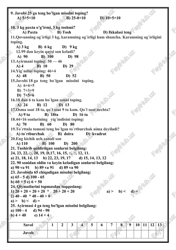 2-sinf uchun matematika fanidan test i chorak - Page 3