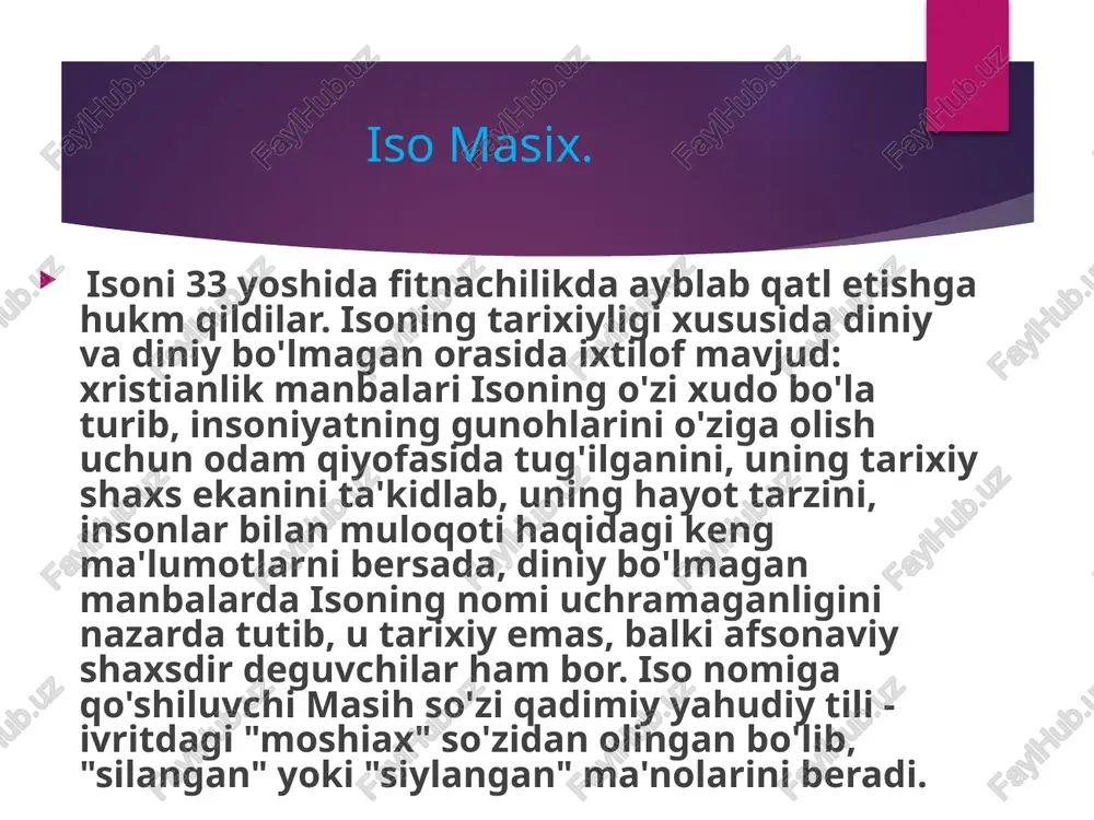 so'z yuritiladi. -sakkizinchi qism muqaddas ruhga imon keltirmoq borasidadir. -to'qqizinchi qism cherkovga munosabat haqida. - o'ninchi qism cho'qintirishning gunohlardan forig' qilish haqida; -o'n birinchi qism o'lganlarning ommaviy tirilishi haqida. -o'n ikkinchi qismda abadiy hayot haqida so'z yuritiladi. xristianlikning bundan keyingi falsafiy va nazariy rivojida avliyo avgustinning ta'limoti katta rol o'ynadi. beshinchi asr bo'sag'asida u dinning bilimdan afzal ekanligini targ'ib qila boshladi. uning ta'limotiga ko'ra, borliq inson aqli bilishga ojizlik qiladigan hodisadir, chunki uning ortida ulug' va qudratli yaratuvchining irodasi yashiringan. avgustinning taqdir haqidagi ta'limotida aytilishicha, xudoga imon keltirgan har bir kishi najot topganlar safidan o'rin egallashi mumkin. chunki imon taqdir taqozosidir. xristianlikdagi oqimlar. xristian cherkovining katolik va pravoslav cherkovlariga ajralib ketishi rim papasi va istanbul patriarxining xristian olamida yetakchilik uchun olib borgan raqobati oqibatida vujudga keldi ajralish jarayoni rim imperiyasining g'arbiy va sharqiy tafovutlari o'sib chuqurlashib borayotgan asrlardayoq boshlangan edi. 867 yillar orasida papa nikolay va istanbul patriarxi fetiy orasida …