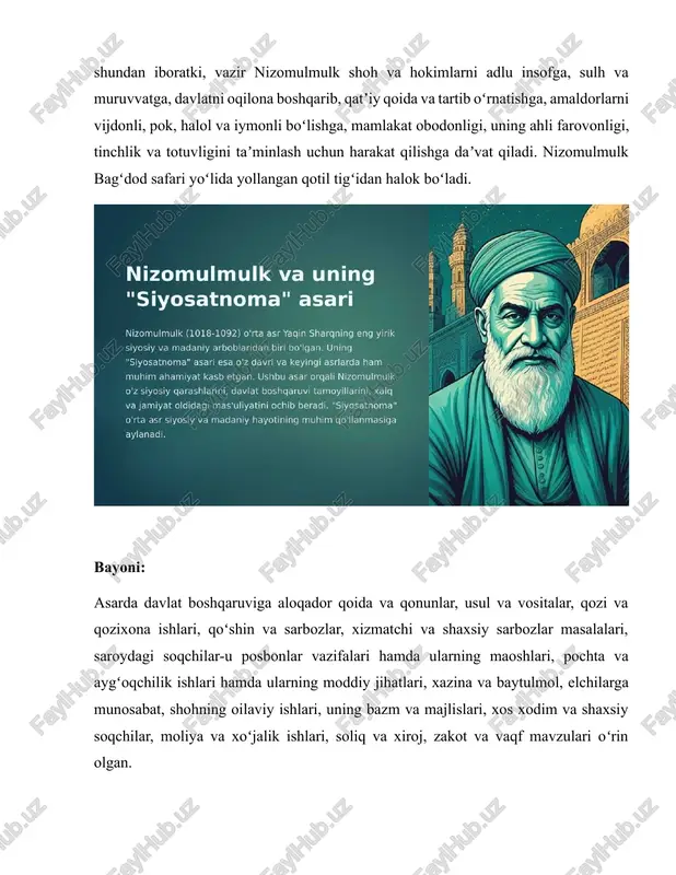 chilar, moliya va xoʻjalik ishlari, soliq va xiroj, zakot va vaqf mavzulari oʻrin olgan. tarjima va nashrlari: “siyosatnoma”ning eng qadimiy nusxasi birlashgan qirollik muzeyida va berlinda saqlanadi. ushbu nusxalar 1168–1169-yillarda urmiya shahrida amir-hojib alp jamoliddin farmoni bilan koʻchirilgan. 1989-yilda dushanbe shahrida chop etilgan. charlz sheffer 1291-yilda koʻchirilgan nusxadan foydalanib, asarni fransuz tiliga tarjima qilgan va 1893-yilda nashr ettirgan. 1914-yilda kalkutta shahrida asarning toshbosma nusxasi chop etilgan. 1932-yilda tehron shahrida ibrohim xalxoliy ishtirokida 5 nusxa asosida solishtirilib, nashr ettirilgan. 1949-yilga kelib boris nikolayevich zaxoder asarni rus tiliga tarjima qilib nashr etgan. 1960-yilda esa ingliz tilida chop etilgan. abu ali hasan ibn ali to‘siy, tarixda nizom ul-mulk nomi bilan mashhur bo‘lgan, xi asrning buyuk davlat arbobi va saljuqiylar imperiyasining uzoq yillik bosh vaziri bo‘lgan. u o‘zining chuqur bilimi, siyosiy tajribasi va davlat boshqaruvi haqidagi ilg‘or g‘oyalari bilan mashhur. nizom ul-mulk saljuqiylar davlati barqarorligini saqlash, hukmdorlarning donishmandligi va davlatning mustahkamligini ta’minlash uchun "siyosatnoma" …