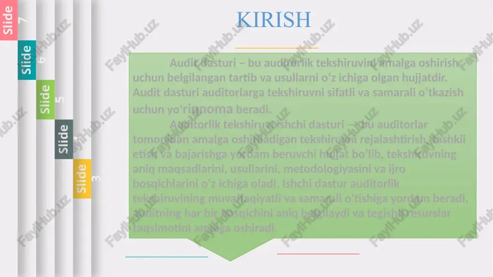 sturining asosiy tarkibiy qismlari auditorlik tekshiruvining har bir bosqichini aniq belgilab, auditorlarga tekshiruvni samarali o‘tkazish uchun zarur bo‘lgan ma'lumotlarni taqdim etadi. ishchi dasturining asosiy tarkibiy qismlari quyidagilardan iborat: auditning maqsadi va vazifalari: auditning umumiy maqsadi va tekshiruvning konkret vazifalari belgilangan bo‘ladi. masalan, moliyaviy hisobotlarni tekshirish, soliqqa oid muammolarni aniqlash yoki korxonaning moliyaviy holatini baholash. korxona faoliyatini tahlil qilish va risklarni aniqlash: korxonaning moliyaviy, operatsion va boshqaruv jarayonlarini tahlil qilish. potentsial risklarni aniqlash, ularning ehtimoliy ta'sirini baholash va boshqarish uchun zarur choralarni ko‘rish. slide 1 slide 2 slide 3 slide 4 slide 5 slide 6 slide 7 audit jarayonini rejalashtirish va resurslarni taqsimlash: auditning har bir bosqichi uchun zarur bo‘lgan vaqt, resurslar va auditorlar mas'uliyatlarini belgilash. tekshiruvni qanday qilib samarali o‘tkazishni rejalashtirish va kerakli resurslarni ajratish. audit muddatlari va rejalashtirilgan bosqichlar: auditning o‘tkazilishi kerak bo‘lgan muddatlar va har bir bosqichni amalga oshirish uchun rejalashtirilgan vaqt chegaralari. tekshiruvga oid hujjatlar va materiallar: …