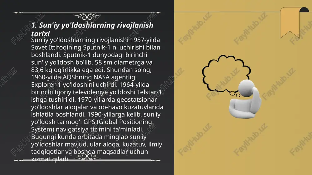 lar orqali aloqa, ayniqsa, uzoq va chekka hududlar uchun juda foydali. ... t.me/slaydai_bot sun'iy yo'ldoshlar yordamida kuzatuv va monitoring texnologiyalari taraqqiy etgan. hozirda yer orbitasida 5,000 dan ortiq sun'iy yo'ldosh harakatlanmoqda. ularning aksariyati ilmiy izlanishlar, kommunikatsiya va navigatsiya uchun qo'llaniladi. masalan, meteorologik sun'iy yo'ldoshlar ob-havo prognozlarini 95% aniq qilishga yordam beradi. qishloq xo'jaligida sun'iy yo'ldoshlar 80% samaradorlikka erishishga imkon berib, hosil holatini real vaqtda kuzatadi. yer resurslarini monitoring qilishda sun'iy yo'ldoshlar global o'rmonlarning 50% dan ko'prog‘ida o'zgarishlarni aniqlashga imkon yaratadi. shu bilan birga, ekologik monitoringda sun'iy yo'ldoshlar orqali dengiz sathining ko'tarilishini yillik 3.2 mm aniqlikda kuzatish mumkin. satelitlar makro va mini satelitlar alimova mohlaroy e'tiboringiz uchun raxmat! image1.png image2.png image3.png image4.png image5.jpg image6.jpg image7.jpg /docprops/thumbnail.jpeg