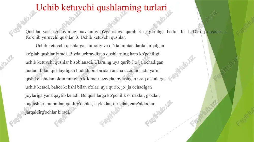 bo'ladi. eksperimental tekshirishlar va dala kuzatishlaridan m a’lumki, migratsiya qiluvchi qushlar astronavigatsiyaga qobiliyatlidir, ya’ni migratsiya vaqtida quyosh, oy va yulduzlarning holatiga qarab kerakli yo'nalishni tanlaydi. yomg'ir yoqqanda, havoda bulut bo'lganda yoki planetariv tajribalarida osmon yulduzlarining tabiiy holati o'zgartirilganda migratsiya qiluvchi qushlarning orientatsiyasi keskin yomonlashadi. qush tomonidan migratsiya vaqtida tanlangan umumiy yo'nalish ko'rish organi-ko'z yordamida bajariladi. chunki migratsiya paytida qushlar odatlangan landshaftlar: daryo oqimi, o'rmonlar, dengiz qirg'oqlari bo'ylab uchadi. galadagi qushlarning ba’zilari bu yo‘lni awal uchib o'tgan boladi. lekin ko'pchilik qushlarninj jo'jalari, o ‘zlari birinchi bolib uchib ketadi (ba’zi chumchuqsimonlar, yirtqichlar). um um an, qushlarning qaysi tomonga uchib ketishi, uya qurib jo'ja ochish joyi bilan qishlash joyiga bogliq bo'ladi. masalan: suv qushlari ko'proq daryo havzalari bo'ylab uchadi. quruqlikda yashaydigan qushlar esa, odatda ancha keng masofa bo‘ylab uchadi. baland va katta-katta tog'larni qushlar ko'pincha aylanib o'tadi. qushlarning qishlash joylari to ‘g'risida gapirilganda ko‘pgina chumchuqsimonlar, o'rmon loyxo'raklari, yakantovuqlar yumshoq iqlimli angliyada qishlaydi. buning …