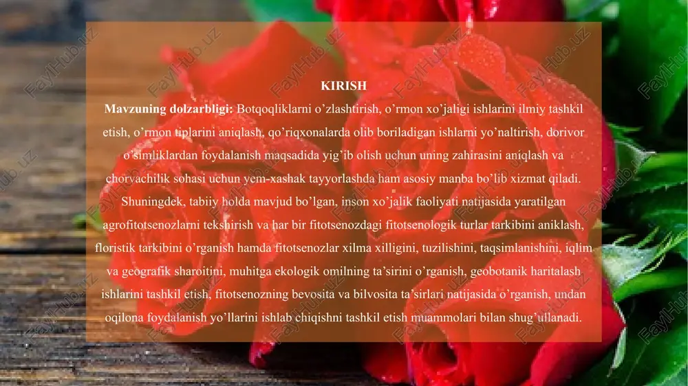 eografiyasi hamda ekologiyasi bilan chambarchas bog’langan. «o’simliklar geografiyasi» fani a. gumboldning 1805 yilda nashr etilgai “idey geografii rasteniy” ( o’simliklar geografiyasi to’grisida g’oyalar) asarida to’liq berilgan. shu bilan birga, asarda geobotanikaga oid fikrlar ham bayon etilgan edi. xix asr boshlarida g’arbiy yevropaning o’simliklar qoplamini geografik yo’nalishda o’rganish ishlari boshlandi. . ushbu ekspeditsiyadan maqsad orol bo’yi o’simliklari qoplamini o’rganish bo’lgan. ushbu ekspeditsiyaning tashkilotchisi ruprext edi. borshov ushbu ekspeditsiyada yig’ilgan materiallar asosida 1865 yil “material dlya botanicheskoy geografii aralo-kaspiyskogo kraya” nomli yirik asarini nashr etirdi. ushbu asar geobotanika yo’nalishdagi dastlabki ishlardan bo’lsada, ammo bunda geobotanika, o’simliklar qoplami, o’simliklar jamoasi, o’simliklar formatsiyasi kabi so’zlar qayd etilmagan edi. 1866 yilda ruprext 1.1. fitosenozga ta’sir etuvchi omillar. bir tomondan tirik organizmlar va ikkinchi tomondan muxit o’rtasidagi munosabatlar bir tomonlama bo’lmay balki ikki yoqlama hisoblanadi. o’z navbatida aloxida turlar ham, fitotsenoz ham tashqi muxitning u yoki boshqa omillariga qanchadir darajada o’z ta’sirini ko’rsatadi. fitosenoz tashqi muxitga …