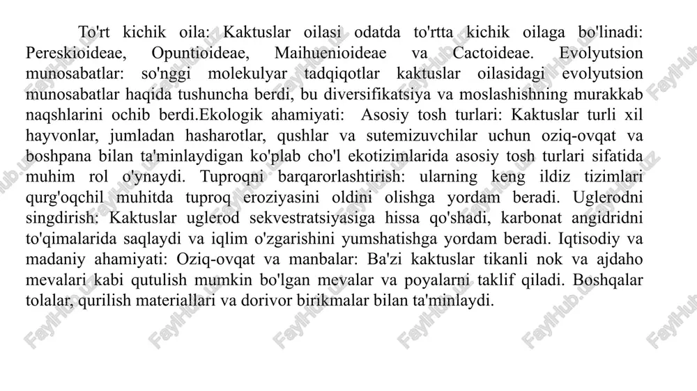 yo'qotilishini kamaytirish uchun barglarni kamaytirish yoki yo'q qilish uchun rivojlangan. tikanlar: o'zgartirilgan barglar hisoblangan tikanlar bir nechta funktsiyalarni bajaradi, jumladan, o'txo'rlardan himoya qilish, o'simlik yuzasini soya qilish va tuman va shudringdan namlikni to'plash. glochidlar: ba'zi kaktuslar, ayniqsa opuntia jinsida, glochidlar, mayda tikanli tukchalar mavjud bo'lib, ular osonlik bilan ajralib turadi va aloqa qilganda tirnash xususiyati keltirib chiqaradi. ildizlar: sayoz va keng: kaktuslar odatda sayoz, ammo keng ildiz tizimiga ega bo'lib, yomg'ir suvini katta sirt maydonidan samarali ushlab turadi. ildizlar: ba'zi turlar er ostidagi suv manbalariga kirish uchun chuqur ildiz otadi. gullar: xilma-xillik: kaktus gullari turli o'lchamlar, shakllar va ranglarni namoyish etadi, ko'pincha gulbarglari va ko'p sonli stamenslari bilan. changlanish mexanizmlari: ko'pgina kaktuslar changlatish uchun hasharotlar, qushlar yoki yarasalarga tayanadi, ularda nektar ishlab chiqarish, xushbo'y hid va jonli ranglar changlatuvchilarni jalb qiladi. meva va urug'lar: meva turlari: kaktus mevalari turli tuzilishga ega, go'shtli rezavorlardan quruq kapsulalarga qadar. urug'larning tarqalishi: urug'lar turli …