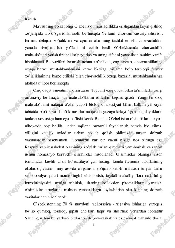 ganish va ulardan yuqori ozuqalik qiymatga ega bo’lganlarini tahlil qilish; –buyurg’un turkumi vakillarini dorivorlik xususiyatlari va boshqa ahamiyatini tahlil qilish; –buyurg’un turkumini amaliy ahamiyatini aniqlash; – buyurg’unning eng so’ngi sistematikasini tahlil qilish kurs ishini ilmiy ahamiyati: o`simliklar olamiga inson tomonidan kuchli ta`sir ko`rsatilayo’tgan hozirgi kunda floramiz vakillarining o`rganish, yo’qolib ketish arafasida turgan turlar monitoringini olib borish, foydali mahalliy flora turlarining introduksiyasini amalga oshirish, ularning o’simliklar uruglarini mahsus genbanklarga joylashtirish shu kunning dolzarb vazifalaridan hisoblanadi ayniqsa, atrof –muhitga va tabiiy eko’tizimlarga bo’layo’tgan antropogen ta`sirlar natijasida o’simliklar tabiiy jamoalarida kuzatilayo’tgan inqiroziy holatlarni o`z vaqtida aniqlay olish, o`simliklarning o`zgarayo’tgan ekologo-seno’tik sharoitdagi javob reaksiyalarini tog`ri baholash hamda seleksion ishlarni olib borishga ilmiy asoslangan tavsiyalarni berish muhim o`rin egallaydi o`zbekiston respublikasi 1995 yili “biologik hilma - xillik bo’yicha konvensiya’ ga qo’shildi va biologik hilma –xillikni saqlash, genetik resurslardan oqilona foydalanishning me`yoriy- 5 huquqiy asoslarni yaratishga kirishdi 1998 yil 1 aprel kuni vazirlar mahkamasi tomonidan o`zbekiston …