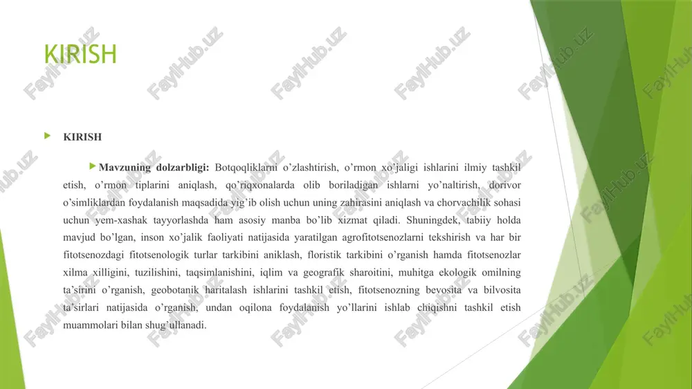 zlarning almashinish yoki suktsessiya, suktsession o'zgarishlar deb ataladi. suktsessiya so'zi lotincha succedo-kimning yoki nimaning orqasidan boraman degan ma'noni anglatadi. fitotsenozlardagi o'zgarishlar ya'ni mavsumiy va yillik(turli yillarda) o'zgarishlar fitotsenoz chegarasida ro'y beradi. suktsession o'zgarishning asosiy mazmuni bir fitotsenozning o'rini ikkinchi bir fitotsenoz egallashidir, ya'ni ularni rivojlanish hodisasi deb tushunish kerak. fitotsenozlar almashinishini o'rganishning amaliy ahamiyati juda kattadir. inson xo'jalik faoliyatida bevosita yoki bilvosita fitotsenozlar suktsessiyasiga duch keladi. qishloq xo'jaligi va o'rmon maydonlarining yomonlashish hodisalari suktsessiya natijasidir. xo'jalik faoliyati uchun foydali suktsessiyalar ham bo'ladi, bu inson aralashuvisiz kechadigan suktsessiyalardir: o'rmonda tuproq jinsining yaxshilanishi, tabiiy botqoqlashish, yaylovlarning o'z-o'zidan tiklanishi va hakozolar. inson o'simliklar qoplamini o'zining foydasiga yaxshilashga urinadi. natijada u fitotsenozlar almashinishiga sabab bo'ladi. 1.2. oʻsimliklar qoplami fitosenoz, biotsenoz va biogeotsenoz haqida. o’simliklar jamoasi deganda ma’lum bir hududda bir necha turga mansub o’simliklarning birgalikda yashashi va o’ziga xos manzara hosil qilishi tushiniladi. bunday guruhlar yashash joyiga qarab turli xil o’simliklar tipini (cho’l, adir, …