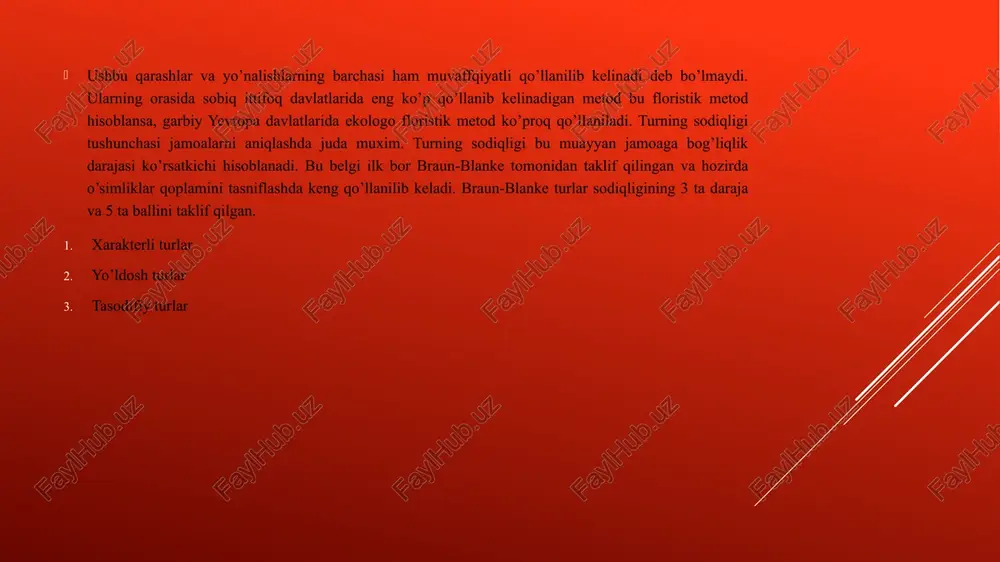 an va hozirga qadar ularning bir qanchasi muvaffaqiyatli qo’llanilib kelinmoqda. o’simliklar qoplamini klassifikatsiyalash masalalariga ko’plab evropalik va rus olimlari e’tibor qaratganlar. o’simliklar qoplamini klassifikatsiyalashda bir qancha yo’nalishlar mavjud. klassifikatsiyani asosini tashkil qiluvchi prinsiplarga asosan, hozirda geobotanikada ularni asosan shartli ravishda guruxlarga ajratiladi va o’sha yo’nalishlarda tadqiqotlar olib boriladi. lekin oxirida o’simliklar qoplamini klassifikatsiyalashda faqat ikkita metod ustunligi ko’zga tashlandi. bu metodlar dominantlar (fizionomik) va ekologo-floristik metodlardir 1.2. o’simliklar qoplami sintaksonomiya. o‘simliklar klassifikatsiyasi yoki sintaksanomiya - muayyan hududdagi barcha o‘simliklar jamoalarini bir biriga bo‘ysinuvchi ierarxik klassifikatsion mezonlarga asosan taqsimlanish va tartibga solish jarayonidir. o‘simliklar jamoalarini o‘rganish va qoplamini klassifikatsiya qilish nazariy va amaliy jixatdan muhim axamiyatga ega. o‘simliklar qoplamini klassifikatsiyalash (sintaksanomiya) geobotanikning asosiy bo‘limlaridan biri xisoblanib, sintaksanomiya esa faqat o‘simlik jamoalarini tartibga solish uchungina qo‘llanadi. bunday guruxlarga bo‘lish orqali o‘simliklar jamoasini o‘rganishda bir qancha qulayliklarga egadir. klassifikatsiya - muayyan hududdagi barcha o‘simliklar jamoalari, tur tarkibi, morfologik va floristik jixatdan tartibga solinadi. …