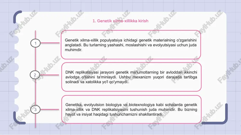 ikatsiyasi paytida xatolar yuzaga kelishi mumkin, bu mutatsiyalarga olib keladi. ushbu xatolarni tuzatish va genetik materialning yaxlitligini saqlash uchun turli xil tuzatish mexanizmlari mavjud. genetika va molekulyar biologiya sohasida dnk replikatsiyasi xatolari va tuzatish mexanizmlarini tushunish juda muhim, chunki u genetik o'zgarishlar va kasalliklar qanday paydo bo'lishi mumkinligi haqida tushuncha beradi. 1 2 3 7. genetik xilma-xillikning evolyutsiyaga ta'siri genetik xilma-xillik evolyutsiyada hal qiluvchi rol o'ynaydi, bu turli xil muhitlarda tanlanishi mumkin bo'lgan yoki qarshi bo'lishi mumkin bo'lgan variatsiyalar to'plamini taqdim etadi. dnk replikatsiyasining mexanizmlari genetik ma'lumotlarning aniqligi va barqarorligini ta'minlaydi, genetik xilma-xillikni avlodlarga etkazish imkonini beradi. genetik xilma-xillikning evolyutsiyaga ta'sirini tushunish olimlarga yerdagi hayot xilma-xilligini keltirib chiqaradigan murakkab jarayonlarni ochishga yordam beradi. 8. dnk replikatsiyasini tadqiq etishning kelajakdagi yo'nalishlari genetik xilma-xillik o'zgaruvchan muhitga moslashishga imkon beradigan o'zgarishlarni saqlab, turning omon qolishi uchun juda muhimdir. dnk replikatsiyasi mexanizmlarini o'rganish genetik ma'lumotlarning nasldan naslga ishonchli tarzda uzatilishi haqida tushuncha beradi. dnk …