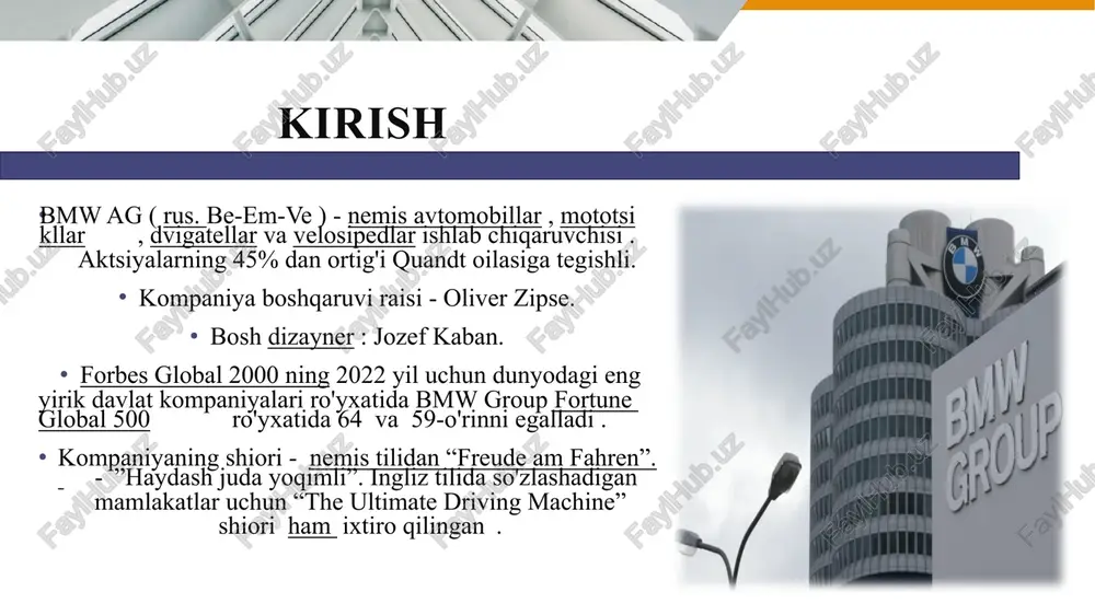i. bu ularni elektromobillar ishlab chiqarishni ko'paytirishga, resurslardan samarali foydalanishga va chiqindilarni kamaytirishga undaydi. mijozlarga yo'naltirilganlik: bmw mijozlar ehtiyojlarini qondirish va ularga yuqori darajadagi mahsulot va xizmatlarni taqdim etishga intiladi. bu ularni mijozlar bilan aloqalarni mustahkamlashga, mijozlar fikr-mulohazalarini inobatga olishga va mijozlar tajribasini yaxshilashga undaydi. bmw kompaniyasining muvaffaqqiyat sirlari: 11 sotish hajmi: bmw group (bmw, mini, rolls-royce) 2022-yilda 2,4 million dona avtomobil sotdi. bu raqam kompaniyaning global miqyosdagi yetkazuv tarmog'i va keng mahsulot liniyasining samaradorligini ko'rsatadi. sotish hajmi yillar davomida o'zgarib turadi, shuning uchun eng so'nggi yillik hisobotlarni tekshirish kerak. daromad: 2022-yilda bmw group daromadi 142 milliard yevrodan oshdi. bu raqam kompaniyaning moliyaviy barqarorligi va premium segmendagi kuchli mavqeini ko'rsatadi. ishlab chiqarish tarmog’i: bmw dunyoning 31 ta mamlakatida ishlab chiqarish korxonalariga ega. bu global miqyosdagi ishlab chiqarish tarmog'i kompaniyaga turli bozorlarga samarali yetkazib berish va xarajatlarni optimallashtirish imkonini beradi. tadqiqot va ishlanmalarga investitsiyalar: bmw har yili tadqiqot va ishlanmalarga milliardlab …