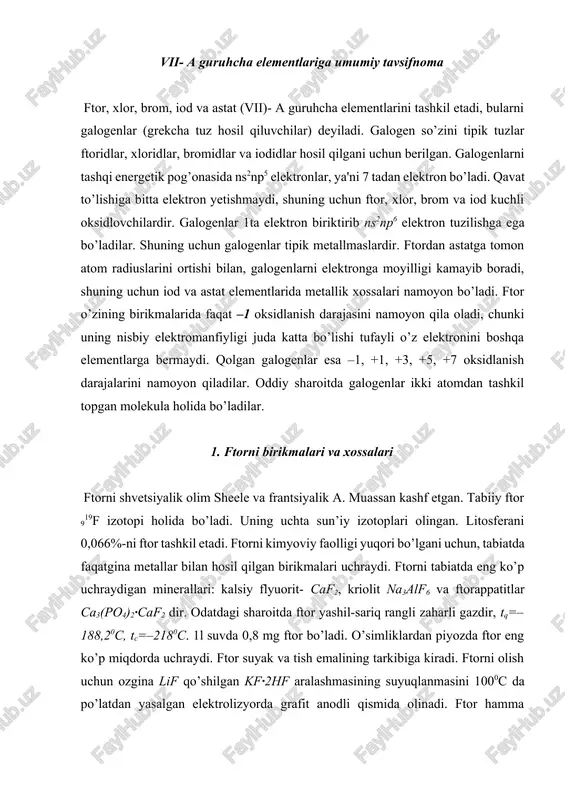j 2fe+ f2 = 2fef3 +1974 kdj h2 + 3f2 = 2hf + 547 kdj si + f2 = sif4 +1615kdj ftor o’zidan keyin turgan galogenlarni tuzlaridan siqib chiqaradi: f2 + 2nacl = 2naf + cl2 f2 + 2nabr = 2naf + br2 f2 + 2naj = 2naf + j2 ftor atmosferasida hatto suv va qum ham yonadi: 2h2o + 2f2 = 4hf +o2 yoki 3f2 + 3h2o = f2o ↑+4hf + h2o2 sio2 + 2f2 = sif4 +o2 qizdirilganda inert gazlar bilan ham reaksiyaga kirishadi: xe+f2 = xef2 yoki xe+3f2 = xef6 ftoridlarga konsentrlangan sulfat kislota ta'sir ettirilsa vodorod ftorid hosil bo’ladi: kf + h2so4 = hf + khso4 caf2 +h2so4 = 2hf + caso4 vodorod ftorid o’tkir qo’lansa hidli, rangsiz gaz, tc=–83 0c, tq= 19,5 0c ga teng. hf qutbli molekulalardan iborat bo’lgani uchun suyuq va qattiq holatda ham kuchli assotsilangan bo’ladi. vodorod ftorid suvda erib, 40%- li …