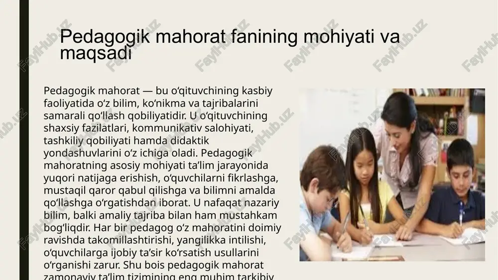 logik xususiyatlarini hisobga olib, ularning qiziqishlariga mos ta’lim berish imkonini yaratadi. shu bois o‘qituvchi o‘z mahoratini doimiy rivojlantirib borishi, ilg‘or tajribalarni o‘rganishi zarur. pedagogik mahorat zamonaviy ta’limda nafaqat dars o‘tish, balki shaxs tarbiyasi, ma’naviy qadriyatlarni singdirishda ham asosiy omil bo‘lib xizmat qiladi. pedagogik mahorat bir nechta tarkibiy qismlardan iborat. ular quyidagilar: kasbiy bilim, pedagogik qobiliyat, muloqot madaniyati, pedagogik takt va texnika, shuningdek, ijodiy yondashuv. kasbiy bilim o‘qituvchining o‘z fanini mukammal bilishini ta’minlaydi. pedagogik qobiliyat esa o‘quvchi shaxsini tushunish, uni o‘qitish va tarbiyalashdagi mahoratni ifodalaydi. muloqot madaniyati o‘qituvchining o‘quvchilar, ota-onalar va hamkasblar bilan samarali aloqada bo‘lishini ta’minlaydi. pedagogik takt esa o‘qituvchining har bir vaziyatda to‘g‘ri va odobli munosabat bildirish ko‘nikmasidir. ushbu tarkibiy qismlar uyg‘un holda ishlaganda, pedagogik mahorat to‘liq shakllanadi. pedagogik mahoratning tarkibiy qismlari bir-biri bilan chambarchas bog‘liq. masalan, kasbiy bilim bo‘lmasa, o‘qituvchi o‘quvchini to‘g‘ri yo‘naltira olmaydi; muloqot madaniyati sust bo‘lsa, dars jarayoni samarasiz bo‘ladi. pedagogik takt esa o‘qituvchi obro‘sini belgilovchi …