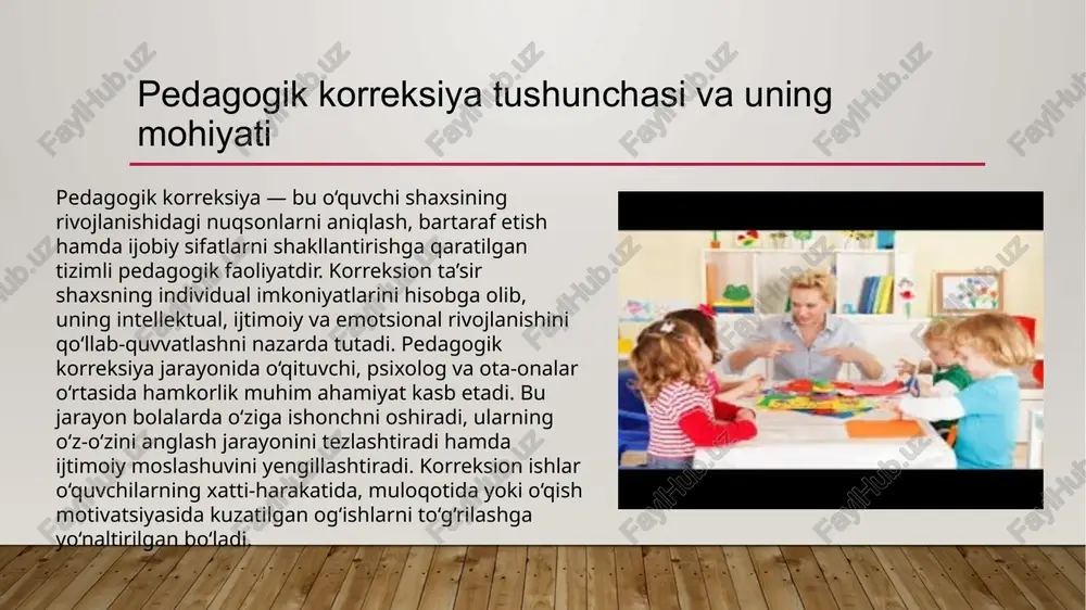 etilib, o‘quvchilarning faolligi rag‘batlantiriladi. shuningdek, korreksion mashg‘ulotlarda kuzatish, suhbat, savol-javob, rasm chizish va dramatizatsiya kabi metodlar keng qo‘llanadi. ularning barchasi o‘quvchilarning o‘z fikrini erkin ifoda etishiga, muloqot madaniyatini shakllantirishga yordam beradi. xulosa: pedagogik korreksiya — bu shaxs rivojlanishidagi og‘ishlarni tuzatish, ularni jamiyatga muvaffaqiyatli moslashtirish va barkamol inson sifatida shakllantirishga qaratilgan muhim pedagogik jarayondir. u o‘quvchi, o‘qituvchi va ota-onalar o‘rtasidagi hamkorlikni mustahkamlaydi, ta’lim-tarbiyani insonparvarlik tamoyillari asosida tashkil etadi. korreksion yondashuv har bir bolaning imkoniyatlarini ro‘yobga chiqaradi va ularni jamiyatda o‘z o‘rnini topishiga yordam beradi. image2.png image3.png image4.png image5.png image6.png image7.png image8.png image1.jpg /docprops/thumbnail.jpeg