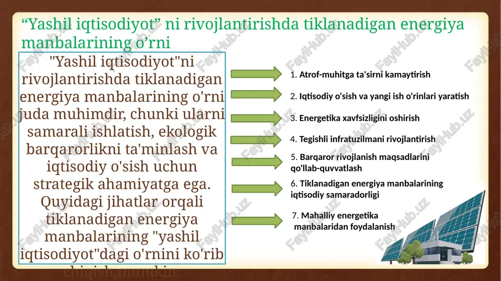 cho’llar ko‘mir, neft va gaz qayta tiklanuvchi energiya manbalari energetika resurslari energiya ishlab chiqarish uchun neft, gaz, ko‘mir, yog‘och, shamol, quyosh va suv kabi tabiiy resurslardan foydalaniladi. ko’mir quyosh neft va gaz suv shamol yog‘och qayta tiklanmaydigan energiya manbalarini qayta tiklash oson emas, chunki ularning shakllanishiga millionlab yillar ketgan. qayta tiklanadigan energiya - bu ma’lum vaqt davomida tabiiy ravishda qayta tiklanadigan energiyadir. qayta tiklanuvchi energiya manbalari quyosh energiyasidan kompleks foydalanish 1-sovuq suv ta’minoti; 2- kollektor; 3-batareya; 4-iste’molchi. ochiq quyosh issiqlik ta’minoti yopiq quyosh issiqlik ta’minoti sovuq suv ta’minoti; uzatish tizimi; kollektor; batareya; iste’molchi parallel ta’minot to‘r bilan quyosh paneli; invertor; batareya; iste’molchi. tizimning avtonom elektr ta’minoti quyosh paneli; -invertor; 3-tarmoq; 4-iste’molchi. qayta tiklanuvchi energiya manbalari sug‘orish tizimida quyosh energiyasidan foydalanish sug‘orish davri: mart-noyabr qayta tiklanuvchi energiya manbalari quyosh va suv energiyasidan birgalikda foydalanish dunyoda birlamchi energiya iste’moli qayta tiklanuvchi energiya manbalari qayta tiklanuvchi energiya manbalari dunyoda qayta tiklanuvchi energiya manbalari …