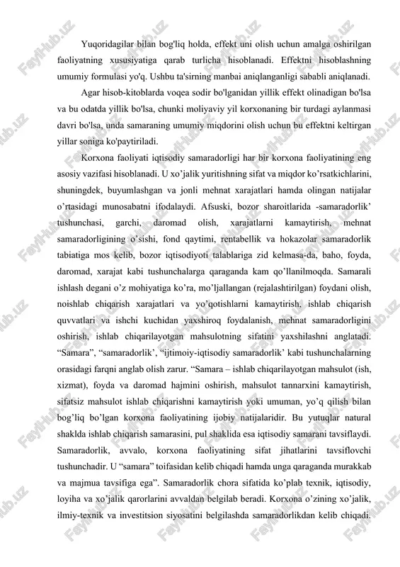 hni kamaytirish yoki umuman, yo’q qilish bilan bog’liq bo’lgan korxona faoliyatining ijobiy natijalaridir. bu yutuqlar natural shaklda ishlab chiqarish samarasini, pul shaklida esa iqtisodiy samarani tavsiflaydi. samaradorlik, avvalo, korxona faoliyatining sifat jihatlarini tavsiflovchi tushunchadir. u “samara” toifasidan kelib chiqadi hamda unga qaraganda murakkab va majmua tavsifiga ega”. samaradorlik chora sifatida ko’plab texnik, iqtisodiy, loyiha va xo’jalik qarorlarini avvaldan belgilab beradi. korxona o’zining xo’jalik, ilmiy-texnik va investitsion siyosatini belgilashda samaradorlikdan kelib chiqadi. iqtisodiy samaradorlik samaradorlikka qaraganda bir muncha tor ma‘noni anglatadi. u qabul qilinayotgan qarorlarning xo’jalik yuritishda maqsadga muvofiqligini tavsiflaydi hamda barcha hollarda samaraning unga erishish uchun ketgan xarajatlar(ishlab chiqarish resurslari)ga nisbati sifatida aniqlanadi. xarajatlar qanchalik kam bo’lsa (mahsulot sifatiga ta‘sir qilmagan holda), samara shunchalik ortadi, demak, iqtisodiy samaradorlik ham ortadi. ijtimoiy-iqtisodiy samaradorlik ishlab chiqarish samaradorligini mehnat sharoitlarini, uning ijodkorlik mazmunini boyitish, aqliy va jismoniy mehnat o’rtasidagi farqni yo’qotishni inobatga olgan holda tavsiflaydi. ijtimoiy-iqtisodiy samaradorlik bir vaqtning o’zida, ishlab chiqarish samaradorligini …