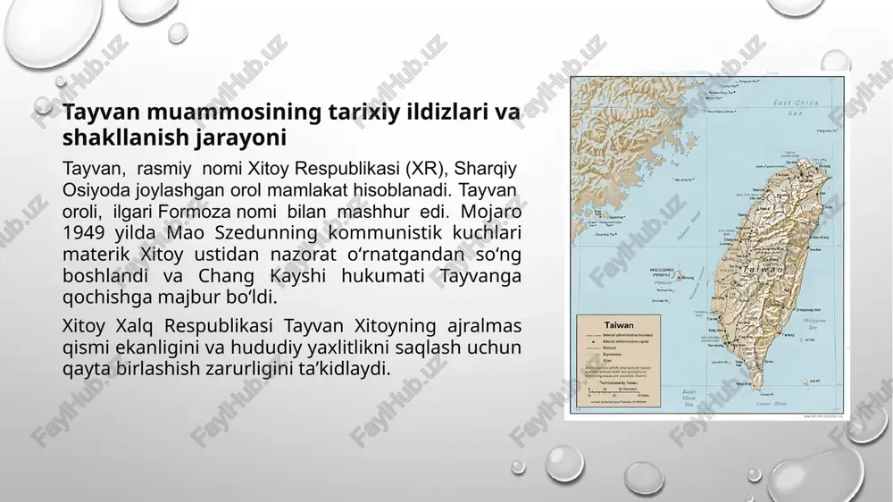 . bu esa xitoyga qo‘shnilariga bosim o‘tkazish uchun ulkan geografik va strategik afzalliklar beradi hamda aqshning mintaqadagi ta’sirini keskin ravishda cheklab qo‘yadi. hozirda xitoy va tayvan munosabatlari 1980-yilda xitoy va tayvan munosabatlari iliqlasha boshlagan: avvaliga tayvan xitoyga borish va sarmoya kiritish qoidalarini yumshatadi, 1991 yilda esa xitoy xalq respublikasi bilan urush yakunlanganini eʼlon qiladi. xitoy „bir mamlakat, ikki tizim“ variantini taklif etadi, unga ko‘ra pekin tayvanni qayta birlashishga rozi bo‘lsa, avtonomiyani saqlab qolishga ishontiradi. pekin shunday vaʼdalar bilan 1997 yilda hongkongni o‘ziga qaytargandi — xitoyliklar yaqin vaqtgacha so‘zida turdi, ammo keyin kuch bilan demokratik hongkongni o‘z tartiblariga bo‘ysundirdi.tayvan esa bunday taklifni rad etgan. tayvan prezidenti, 2000-yilda hokimiyatga kelgan chen shuybyan xitoy uchun jiddiy bosh og‘rig‘iga aylanadi, chunki u va uning demokratik taraqqiyot partiyasi ochiqchasiga alohida davlat tuzishni targ‘ib qiladi. 2004-yilda chenni ikkinchi muddatga saylashadi, bir yil o‘tib esa xitoy „ajralib chiqishga qarshi qonun“ nomli qonun qabul qiladi, bu agar tayvan …