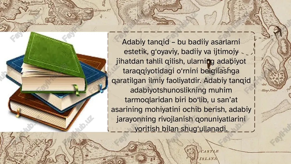 ixi. toshkent: fan. haqqul, i. (2010). adabiyot va tanqid. toshkent: ma’naviyat. qo‘shjonov, m. (2002). adabiyot va hayot. toshkent: sharq. fitrat, a. (1919). adabiyot qoidalari. buxoro. qayumov, l. (1982). o‘zbek tanqidchilik maktablari. toshkent: o‘qituvchi. karim, b. (2018). zamonaviy adabiy jarayon va tanqid. toshkent: akademnashr. foydalanilgan adabiyotlar: e’tiboringiz uchun rahmat image1.png image2.png image3.svg image4.png image5.svg image6.png image7.png image8.png image9.png /docprops/thumbnail.jpeg