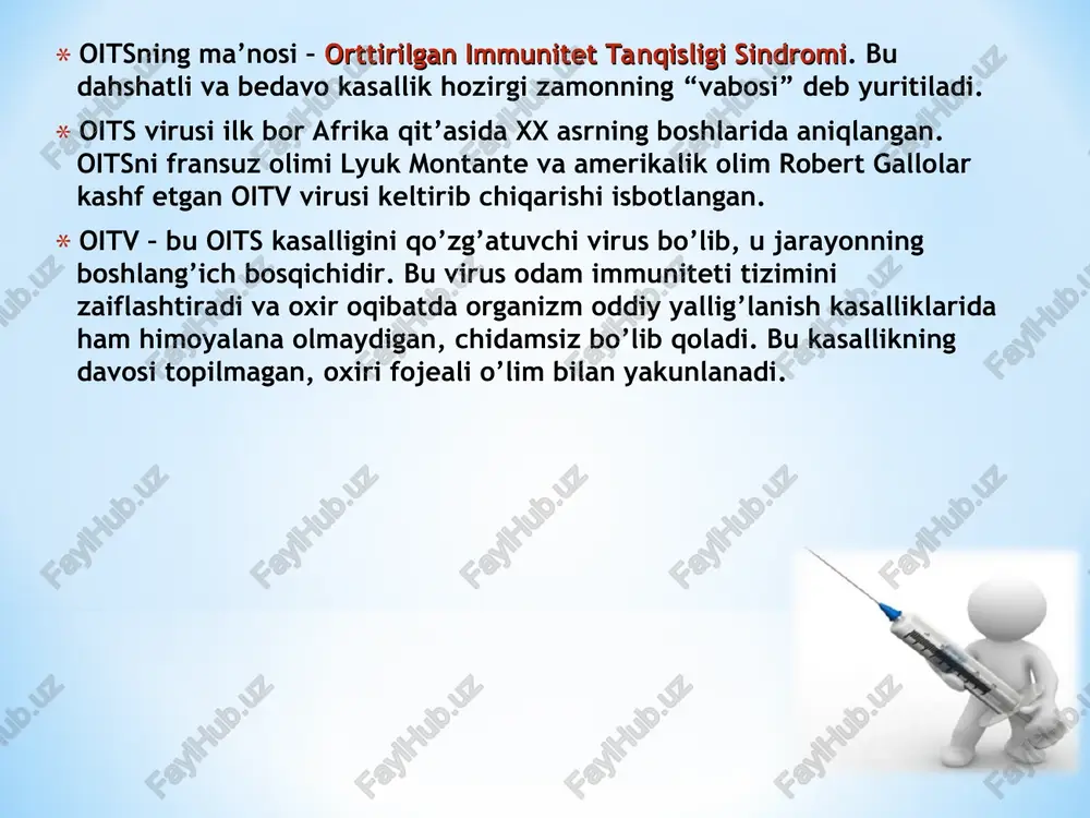 r, tug’ma gemofiliya bilan kasallanganlarda keng tarqalgan. biroq hozirgi vaqtda bsst ma’lumotiga ko’ra oits virusi epidemiyasi aholining asosiy qatlamida ham kengaymoqda. oits virusi chidamsiz bo’lib, suvda 10 daqiqa qaynatish davomida halok bo’ladi. maxsus dezinfeksiya vositalaridan ham foydalanish mumkin. spirt oitvni o’ldirmaydi. oits virusining yuqish yo’llari: zararlangan qon sog’lom odamga quyilganda; kasallangan onadan bolaga homiladorlik, tug’ruq vaqtida va ko’krak sutidan boqilganda; zararlangan shprislardan foydalanilganda. stomatologiya, sartaroshxona, go’zallik salonlari (manikyur, pedikyur va tatuaj xonalari)da oits virusini yuqtirish xavfi katta. oitv hozirgi davrda judayam yahshi o’rganilgan hisoblanadi. hattoki hozirgi davrda agar oitv yuqqanligiga shubqa qilsak uni o’sishini to’htatib qo’yadigan dori vositalari ham bor. jinsiy qon orqali onadan bolaga suvga tushgan virus ber necha daqiqada o’lib ketadi, lekin zararlangan teri orqali uni yuqtirib olish mumkin. bazida hech qachon shubhali kontaktda bo’lmaganlarda ham oits analizi salbiy chiqishi mumkin, shuning uchun bu analizni qayta topshirish kerak bo’ladi….. oits virusi quyidagi hollarda yuqmaydi: qo’l bilan yoki quchoqlashib …