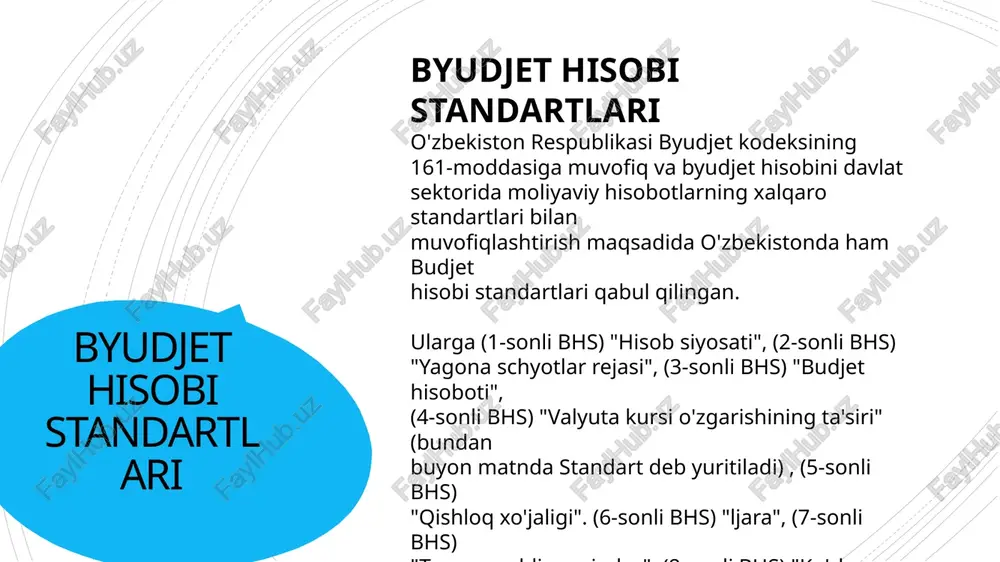 ibini belgilaydi. 13-sonli bhs – “konsolidatsiyalashgan moliyaviy hisobotlar” turli byudjet tashkilotlari va ularning bo‘linmalari ma’lumotlarini yagona moliyaviy hisobotda birlashtirish tartibini belgilaydi. 14-sonli bhs – “pul oqimlari to‘g‘risida hisobot” pul mablag‘lari kirimi va chiqimini tasniflash, operatsion, investitsion va moliyaviy faoliyat bo‘yicha hisobot tayyorlashni belgilaydi. 15-sonli bhs – “xizmat ko‘rsatish bo‘yicha konsessiya kelishuvlari” davlat va xususiy sheriklik (ppp) asosida tuzilgan shartnomalarning buxgalteriya hisobini yuritish tartibini belgilaydi. 16-sonli bhs – “baholangan majburiyatlar, shartli majburiyatlar va shartli aktivlar” baholanishi mumkin bo‘lgan, lekin noaniq summali majburiyat va aktivlarni hisobda aks ettirish tartibi. 17-sonli bhs – “xodimlarning daromadlari” xodimlarga to‘lanadigan ish haqi, mukofotlar, kompensatsiyalar va boshqa to‘lovlarning hisobini yuritish tartibini belgilaydi. umumiy xulosa 17 ta byudjet hisobi standartlari davlat sektorida buxgalteriya hisobi tizimini xalqaro ipsas standartlariga moslashtirgan. ular byudjet tashkilotlarining aktivlari, majburiyatlari, daromad va xarajatlari, hamda hisobot jarayonlarini tartibga soladi. bhslarning joriy etilishi davlat moliyasida shaffoflik, javobgarlik, taqqoslanish imkoniyatini kuchaytiradi. bu tizim orqali davlat sektori hisoboti …