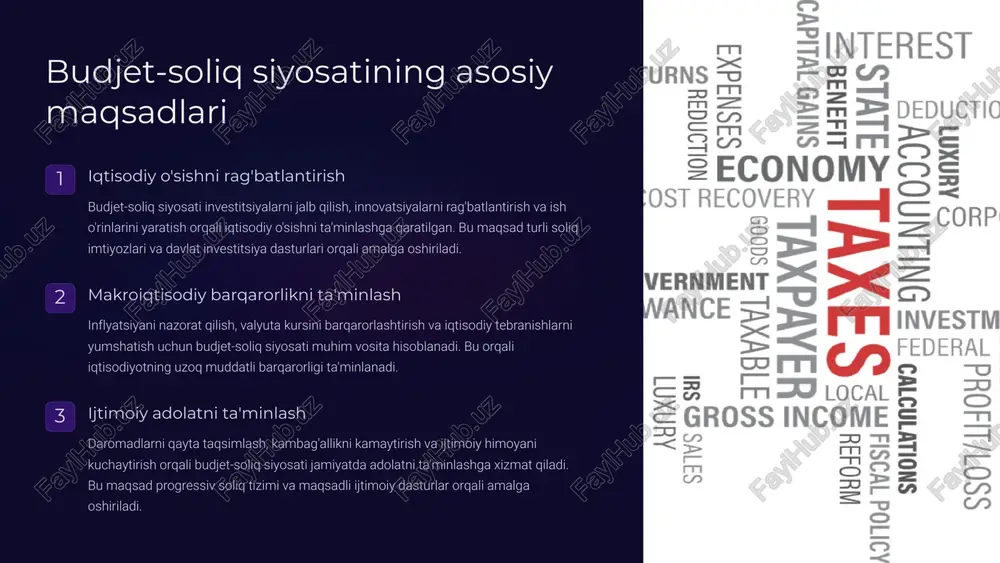 slohotlar amalga oshirilmoqda. 6 soliq imtiyozlari va rag'batlantirish choralari ishlab chiqarishni rag'batlantirish yangi ishlab chiqarish korxonalari uchun soliq ta'tillari, investitsiya hajmiga qarab imtiyozlar berilmoqda. bu choralar yangi ish o'rinlari yaratilishini va sanoat rivojlanishini ta'minlamoqda. innovatsion faoliyatni qo'llab-quvvatlash ilmiy-tadqiqot va innovatsion loyihalar uchun maxsus soliq rejimlari joriy etilgan. bu o'zbekistonda yuqori texnologiyali ishlab chiqarishni rivojlantirishga yordam bermoqda. eksportni rag'batlantirish eksport qiluvchi korxonalar uchun qqs imtiyozlari, bojxona to'lovlaridan ozod qilish kabi choralar qo'llanilmoqda. bu o'zbekiston mahsulotlarining jahon bozoriga chiqishini osonlashtirmoqda. kichik biznesni qo'llab-quvvatlash kichik korxonalar uchun soddalashtirilgan soliq rejimlari, soliq stavkalarini pasaytirish kabi choralar qo'llanilmoqda. bu tadbirkorlik faoliyatini rivojlantirishga va ish o'rinlari yaratilishiga yordam bermoqda. 7 byudjet defitsiti va davlat qarzi byudjet defitsitini boshqarish o'zbekiston hukumati byudjet defitsitini yaimning 3% darajasida ushlab turishga intilmoqda. bu maqsadga erishish uchun daromadlarni oshirish va xarajatlarni optimallashtirish choralari ko'rilmoqda. soliq bazasini kengaytirish va soliq yig'ish samaradorligini oshirish asosiy ustuvor yo'nalishlar hisoblanadi. davlat qarzini boshqarish strategiyasi hukumat …