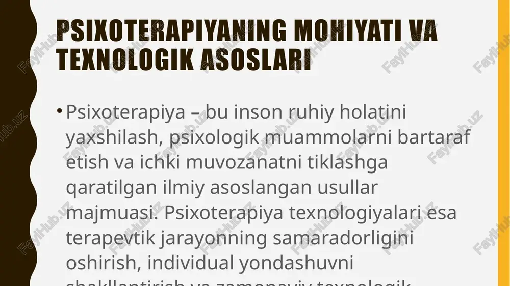 monaviy texnologiya turli psixologik muammolarni hal qilishda qo‘llanilmoqda. masalan, qo‘rquv va fobiyalarni yo‘qotish uchun odam virtual muhitga joylashtirilib, bosqichma-bosqich unga moslashadi. ilovalar: post-travmatik stress buzilishlarini davolash. fobiya va tashvish sindromlarini kamaytirish. ijtimoiy muammolar (masalan, ijtimoiy fobiya yoki autizm) bilan ishlash. neyrofeedback terapiya bu terapiya miyaning faoliyatini real vaqt rejimida kuzatish va uni ijobiy tomonga o‘zgartirishga asoslangan. foydalari: diqqatni jamlashni oshirish. stress va tashvishni kamaytirish. uyqu buzilishlarini tuzatish. ushbu texnologiya asosan nevrologik kasalliklar (masalan, dehb) bilan ishlashda qo‘llaniladi. psixoterapiya texnologiyalarining samaradorligi psixoterapiya texnologiyalaridan foydalanish quyidagi jihatlar bo‘yicha samarali natijalar beradi: shaxsiy rivojlanish – odam o‘z hissiyotlarini yaxshiroq tushunadi va boshqaradi. salomatlik yaxshilanishi – stress va psixosomatik kasalliklarning kamayishi. ijtimoiy moslashuv – insonlarning jamiyat bilan munosabatlarini yaxshilash. psixologik diagnoz psixologik diagnoz - (“diagnosis” grekcha aniqlash, bilish degan ma’noni anglatadi) - shaxs individual-psixologik xususiyatlarining ayni vaqtdagi holatiga baho berish, rivojlanishni oldindan aytib berish, yani, prognoz qilish va tavsiyaiar ishlab chiqishga qaratilgan psixolog faoliyatining …