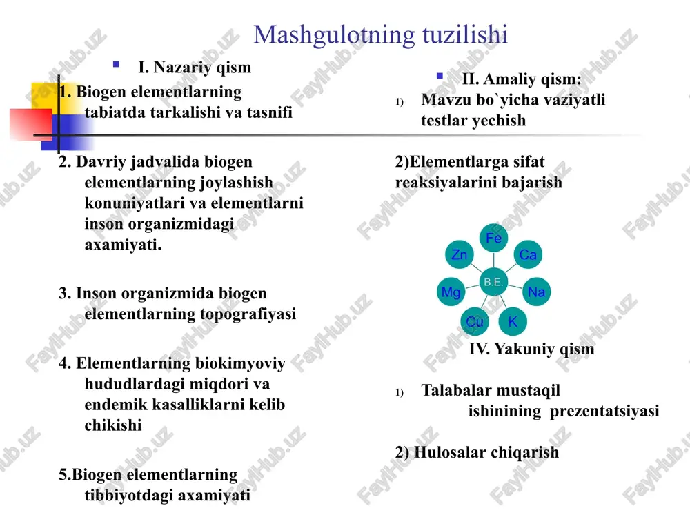 a me’da shirasi kislotaligini (hcl) ta’minlash oltingugurt (s) 86 g oqsil, jigar, vitamin b­1 va insulinning tarkibiy qismi * 60 kg vaznli katta yoshdagi odamda asosiy elementlar miqdori element miqdori vazifasi asosiy elementlar natriy (na) 60 g hujayra tashi suyuqligining musbat ioni (na+) ta’minlash , suv balansi, mushak qisqarishi va nerv impulslari o’tishida ishtirok etadi magniy (mg) 36 g suyakning tarkibiy qismi va turli metabolik reaksiyalar ishtirokchisi mikroelementlar temir (fe) 3600 mg kislorod tashuvchi gemoglabinning tarkibiy qismi kremniy (si) 3000 mg o’sish, suyak va tishlar, pay va terini mustahkamlash rux (zn) 2000 mg hujayraning turli metabolik reaksiyalarida, dnk sintezi, suyak to’qimasi o’sishi va immun sistemadagi jarayonlarda mis (cu) 240 mg qon tomirlari, qon bosimi va immune tizim shakllanishida marganes (mn) 60 mg suyak o’sish, qon ivishi, metabolik reaksiyalarda qatnashadi yod (i) 20 mg qalqonsimon bez faoliyati uchun zarur molibden (mo) 12 mg fe va n ni ovqat tarkibidan o’zlashtirish uchun …