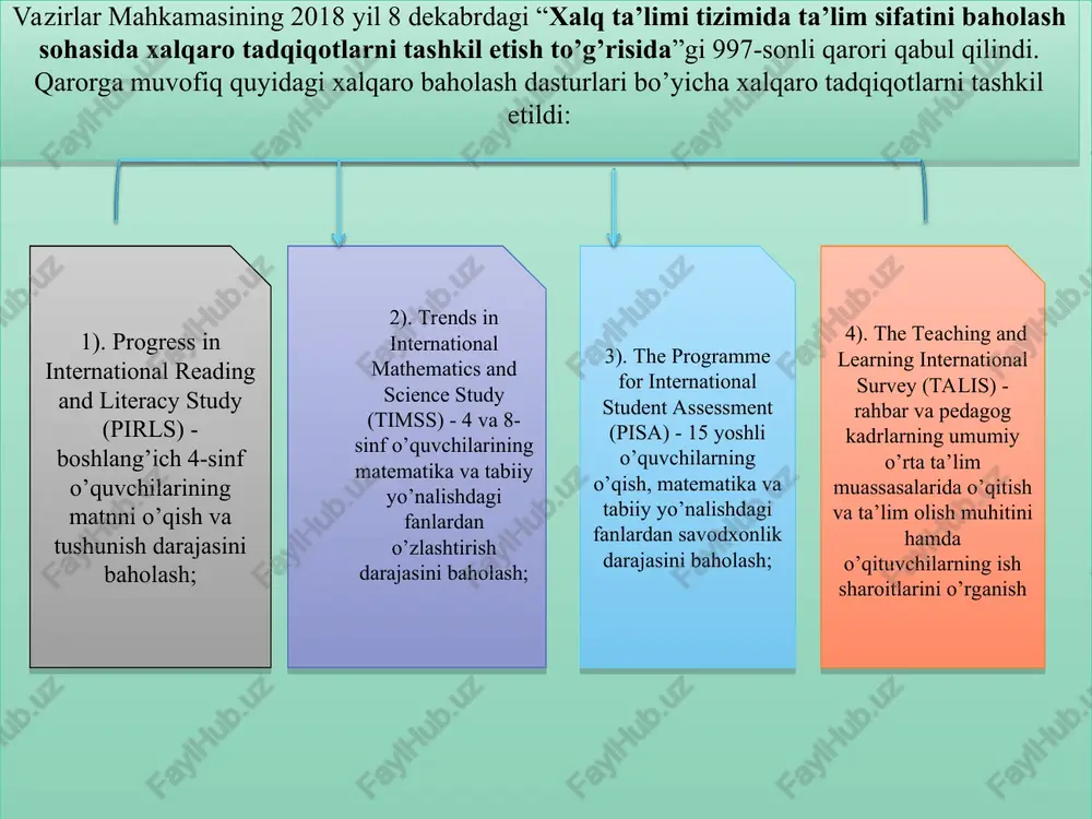 riga tayyorgarlik ko‘rish yuzasidan kelgusi vazifalar: o’qish (ona tili), matematika va tabiiy fanlarni (fizika, kimyo, biologiya, geografiya) o‘qitishda zamonaviy pedagogik texnologiyalar, interaktiv metodlardan samarali foydalanish fizika, kimyo va biologiya fanlaridan amaliy mashg‘ulotlarni (laboratoriya, masalalar yechish) yanada samarali tashkil etish sinfdan tashqari fan to‘garaklarida o‘quvchilarning kognitivlik va kreativlik xususiyatlarini rivojlantirishga yo’naltirilgan mavzularda mashg‘ulotlar olib borish o‘quvchilarning kognitivlik va kreativlik xususiyatlarini aniqlashga yo’naltirilgan o‘quv topshiriqlarini yaratish va joriy, oraliq, yakuniy nazoratlarda muntazam ravishda qo‘llash aniq, tabiiy va filologiya yo‘nalishdagi tayanch maktablari seminarlarida xalqaro baholash dasturlari, ularda foydalanadigan topshiriqlar bo‘yicha mashg‘ulotlar olib borish o’zbekiston respublikasi prezidentining 2020 yil 7 mayda “matematika sohasidagi ta’lim sifatini oshirish va ilmiy-tadqiqotlarni rivojlantirish chora-tadbirlari to’g’risida” hamda 2020 yil 12 avgustda “kimyo va biologiya yo’nalishlarida uzluksiz ta’lim sifatini va ilm-fan natijadorligini oshirish chora-tadbirlari to’g’risida”gi qarorlari qabul qilindi. endilikda, xalq ta’limi tizimida 2020-2021 o’quv yilidan boshlab: - matematika fani haftasiga 55 soat (o’tgan yilda 54 soat); - kimyo fani haftasiga …