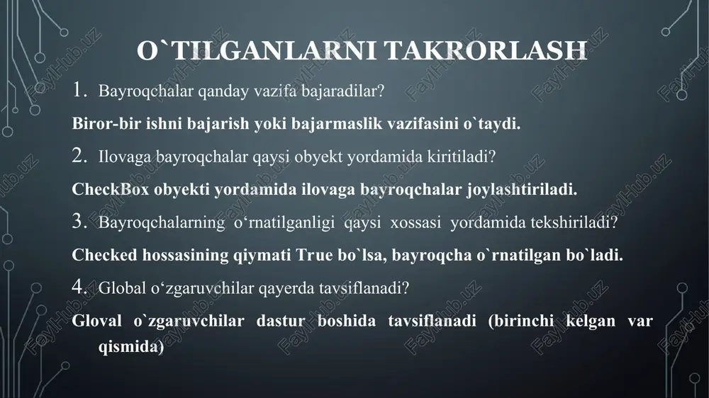ritamiz: n[0]:=n[0]+1; i:= radiogroup1.itemindex; if i>=0 then n[i+1]:=n[i+1]+1; radiogroup1.itemindex:= -1; ovoz berish natijalarini ekranga chiqarish uchun xizmat qiladigan natijalar tugmasini ikki marta bosib, uning protsedurasiga quyidagi operatorlarni kiritamiz: label1.caption:='ovoz berishda ishtirok etdi= '+inttostr(n[0])+' nafar. shundan, '; label1.caption:=label1.caption + 'matematika fani '+ inttostr(n[1])+' ovoz, '; label1.caption:=label1.caption + 'fizika fani '+ inttostr(n[2])+' ovoz, '; label1.caption:=label1.caption + 'kimyo fani '+ inttostr(n[3])+' ovoz, '; label1.caption:=label1.caption + 'informatika fani '+ inttostr(n[4])+' ovoz to`pladi.’; f9 tugmasi bosilib, dastur ishga tushiriladi. uyga vazifa 10-sinf informatika kitobining 116-121 betlarini o`qish. ilovaga sinfdoshlaringizning ismlari joylashtirilgan radiotugmalar guruhini joylang. ulardan biri tanlanib, boshqarish tugmasi bosilganda tanlangan o‘quvchiga uning ismini aytib salom beradigan ilova yarating. oldingi ilovaga yana fanlar nomi yozilgan va baholar ro‘yxati bo‘lgan yana ikkita radiotugmalar guruhini kiriting. tanlangan o‘quvchining tanlangan fan bo‘yicha tanlab olingan bahosini ekranga chiqaradigan ilova yarating.