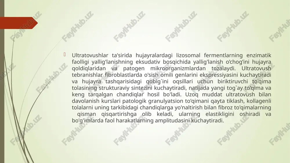 im, sonopuls, intelect mobile ultrasound, sonotur, «fizioson-ekspert», «ionoson-expert» va boshqa qurilmalar yordamida amalga oshiriladi. texnika. qo’zg’almas metodda ultratovush bilan davolashda nur tarqatgich kontakt maydon orqali bir holatda qistiriladi(2,25 rangli rasm), harakatli usulda – doimiy harakatlantirish, ta’sir zonasida qisqa silashlar yoki kichik aylana harakatlar bajariladi. ultratovush bilan davolash bosh (chakka-pastki jag’ bundan mustasno), yurak, jigar, tizza osti va qo’ltiq osti chuqurchalar, simpatik tugunlar, suyaklar bo’rtmalari va epifiz zonalari, homilador ayollarda qorin sohasiga va yorg’oq sohasiga qo`llanilmaydi. muolajalar energiya oqimining zichligi va muolaja davomiyligiga qarab dozalanadi. kundalik muolajalarning davomiyligi 10-15 minut; davolash kursi 8-12 muolajani tashkil etadi. dori darmonli ultrafonoforez ultratovush tebranishlari va ularning yordami bilan organizmga kiritilgan dorivor moddalarning birgalikdagi ta'siri. ultratovush to'lqinlar maydonida, dorivor moddalarning molekulalari epidermisga va dermaning yuqori qatlamlariga yog' bezlarning kanallari orqali kirib boradi. lipofilligi tufayli ular interstitsiyaga osonlikcha tarqaladi va qon va limfatik tomirlarning endoteliysidan o'tadi. ultrafonoforez bilan, elektroforezdan farqli o'laroq, teridagi depoda yig'iladigan dori miqdori …