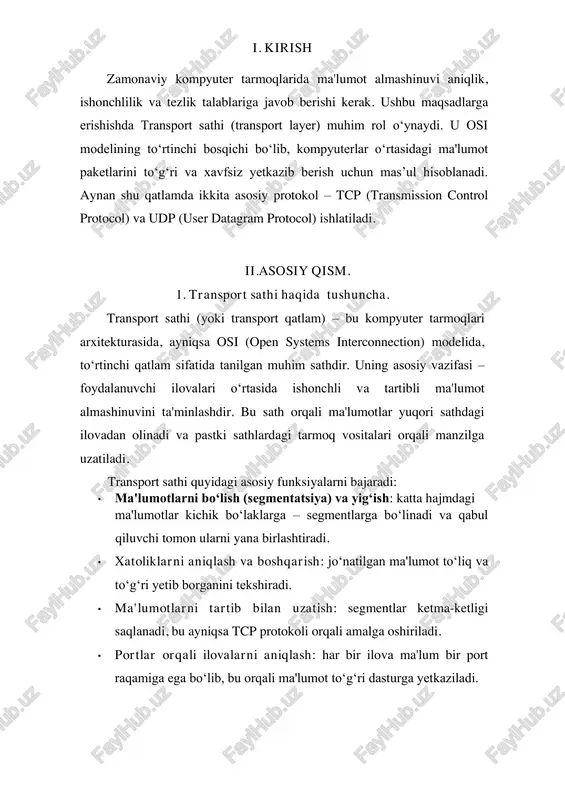 shqarish (congestion control): tarmoqda ortiqcha yuklanish bo‘lsa, uzatish tezligi avtomatik pasaytiriladi. • segmentlarni tartib bilan yetkazish (ordered delivery): tcp segmentlarni ketma-ketlik raqamiga asosan to‘g‘ri tartibda qabul qiladi va yig‘adi. 2-rasm. tcp protokoli. shu sababli, tcp real vaqtda yuqori aniqlik talab qilinadigan, lekin kechikish unchalik muhim bo‘lmagan ilovalar uchun mos keladi. masalan: • veb sahifalarni ko‘rish (http, https) • fayllarni yuklash (ftp) • elektron pochta yuborish (smtp, pop3) biroq tcp real vaqt (real-time) ilovalari uchun kamroq mos keladi, chunki kechikishga sezgir audio/video ilovalarda udp afzal ko‘riladi. 3. udp protokoli. udp (user datagram protocol) — bu transport sathidagi eng yengil va tezkor protokollardan biri bo‘lib, bog‘lanishga asoslanmagan (connectionless) va ishonchsiz (unreliable) protokol hisoblanadi. udp protokoli 1980-yillarda ishlab chiqilgan bo‘lib, internet protokollar oilasiga (tcp/ip) kiradi va tcp protokoliga muqobil sifatida ishlatiladi, ayniqsa tezlik va kechikish muhim bo‘lgan hollarda. udp protokoli tcp’dan farqli o‘laroq, ma’lumot uzatishdan oldin aloqa o‘rnatmaydi. u datagramma deb ataladigan mustaqil …