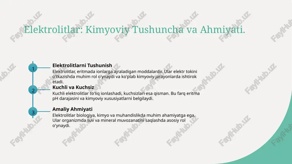 litlar ta'rifi kuchli elektrolitlar, eritmada to'liq ionlashib, vodorod ionlari va boshqa ionlarni ko'paytiradigan moddalar hisoblanadi. misollar: nacl va kbr. 2 xususiyatlari kuchli elektrolitlar yuqori elektr o'tkazuvchanlikka ega, bu ularni kimyoviy reaktsiyalarda samarali foydalanishga imkon beradi. ular ph darajasini sezilarli o'zgartiradi. 3 amaliyotdagi o'rni kuchli elektrolitlar sanoat va laboratoriyalarda keng qo'llaniladi, masalan, kimyoviy sinovlarda, suyuqliklar tahlilida va tibbiyotda muhim ahamiyatga ega. kuchli elektrolitlarning suvdagi disotsiatsiyasi jarayoni. 1 kuchli elektrolitlar kuchli elektrolitlar, suvda to'liq disotsiatsiya qiladigan moddalar bo'lib, ular ionlarga aylanadi va eritmada yuqori ion konsentratsiyasini ta'minlaydi. 2 disotsiatsiya jarayoni kuchli elektrolitlar suvga qo'shilganda, ular ionlarga to'liq ajraladi. misol uchun, natriy xlorid (nacl) suvda na+ va cl- ionlariga bo'linadi. 3 ph ta'siri kuchli elektrolitlar eritmasining ph darajasi ko'pincha 7 dan past bo'ladi. bu, ionlarning yuqori konsentratsiyasi natijasida kislotali muhitni shakllantiradi. 4 amaliy qo'llanilishi kuchli elektrolitlar laboratoriya tajribalarida, industrial jarayonlarda va biologik tizimlarda muhim rol o'ynaydi, masalan, elektrolitlar sifatida ishlatiladi. kuchli elektrolitlar va …