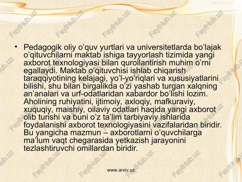 qayta ishlash va yangi axborotni yaratish bilan shug’ullanuvchi texnologiyalarni kompyuter asosida joriy etish yangi axborot texnologiyalarini (yaat) vujudga keltirar ekan. hozir zamonaviy mutaxassisni uning kompyuter savodxonligisiz tasavvur etib bo’lmaydi, chunki zamonaviy ishlab chiqarish va uni boshqa jarayonlarni yaat dan u yoki bu darajada foydalanishni taqozo etadi. www.arxiv.uz www.arxiv.uz www.arxiv.uz yangi axborot texnologiyalari universal maxsus matn protsessorlari, elektron jadvallar, ma’lumotlar jumlasi, grafik muharrir, multi model va telekommunikatsion texnologiyalar. bu axborot texnologiyalarini universal tipdagi yangi axborot texnologiyalari deyiladi. ma’lum bir tor yo’nalishdagi kasbiy faoliyatda ishlatiluvchi maxsus yangi axborot texnologiyalaridir. bularga ro’znomani chop etish, buxgalterlik hisobini amalga oshirish, kompyuterli animatsiya va loyihalar tayyorlash kabi kompyuterli texnologiyalar www.arxiv.uz ana shunday maxsus yaat larning hozirda unchalik rivojlanmagan, lekin kelajagi porloq bir qismi o’qitishning yangi axborot texnologiyalari (uyaat) ni tashkil qiladi. yuqoridagi ta’rifga ko’ra uyaat har qanday ta’lim texnologiyasining asosiy qismi bo’lish bilan axborot berish va uni qabul qilish jarayonlarning kompyuterlashtirish jarayonida vujudga keladi. uyaat ning …