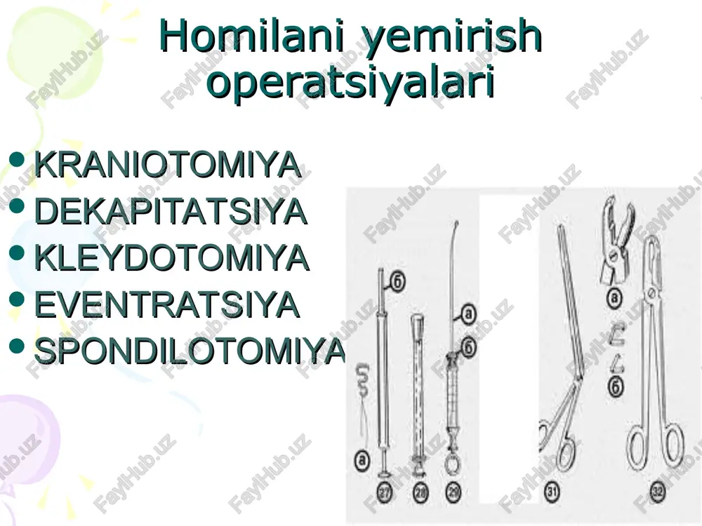 jarroxlik yo’li bilan bachadonni kesib, homila va yo’ldoshni olish qadimda homilador ayolda homiladorlik davrida yoki tug’ruq davrida o’lim yuz berganda bola hayotini saqlash uchun ushbu jarrohlik amaliyoti o’tkazilgan qisqacha tarixi tirik homiladorda opratsiya ilk marotaba xvii asr boshlarida o’tkazigan cccr da 1780-yilda birinchi bo’lib d.samoylovich operatsiyani tasvirlab beradi vatanimiz olimlaridan i.pobedinskiy ni xizmatlari katta operatsiyaga kursatma b. nisbiy kursatma tugruk disproportsiyasi – bola boshi va chanokning nomutanosibligi 2. tugruk yullari stenozi. 3 chanok va jinsiy organlar usmalari, bachadon raki. 4.avval boshdan utkazgan operatsiyalar (fistulorrafnya, bachadon yorilishi tikilganligi). 5. yuldoshning oldinda yotishi 6. eklampsiya. 7. kam uchraydigan kursatmalar (yuldoshning oldinga kuchishi, bola boshining nokulay urnashishi, kindikning tushishi, chanokni oldinda yotishi va b.) a. absolyut kursatma absolyut tor chanok, chin kon'yugata 6 sm past. 2. kinning chandikli kiskarishi 3.chanok soxasidagi usma, bachadon miomasi, tuxumdon usmasining nokulay joylashishi. chet el olimlari ks kursatmalarni 3 guruxga buladilar i gurux. ona tomonidan anatomik va klinik …