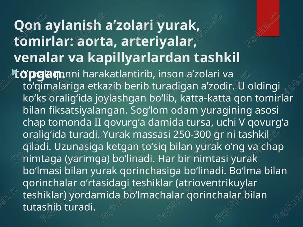 ruvchi xarakterga ega. bo`g`imlardagi og`riqlar xarakatni cheklanishiga olib kelishi mumkin. bir vaqtning o`zida bo`g`imlarda shish, ba'zan bo`g`im usti teri qoplamining qizarishi kuzatiladi. revmokardit – kardit klinikasi miokardit, endokardit yoki perikardit bilan ifodalanadi. endokardit belgilari: yurak chegaralarini kengayishi, yurak shovqinlari paydo bo`lishi, yurak ritmi buzilishi. perikardit belgilari: yurak chegaralarini kengayishi, tonlar bo`g`iqlashishi, perikard ishqalanish shovqini. miokardit belgilari: taxikardiya, o`tkazuvchanlik buzilishi va av blokada (ekgga qarab). xalqasimon eritema – qo’l va oyoqlarning ichki qismida, bo`yin sohasida joylashgan pushti rangdagi qichimaydigan toshmalar. teri osti revmatik tugunchalar – bo`g`im soxasidagi periartikulyar to`qimada joylashgan mayda xosilalar. kichik xoreya – xusnixat o`zgarishi, talaffuzni tushunarsizligi va xarakatlarning noqulayligi bilan kuzatiladigan qul va oyoqlarning, mimik muskullarning o`ziga bog`liq bo`lmagan xaotik xarakatlari. o`tkir revmatik isitma diagnostikasi uchun qo`llaniladigan kissel - djons diagnostik mezonlari (arr, 2003 modifikasiyasida ) 1. katta mezonlar 1.1 kardit 1.2 poliartrit 1.3 xoreya 1.4 teri osti revmatik tugunlari 1.5 xalqasimon eritema qo`shimcha mezonlar: - a. umumiy: …