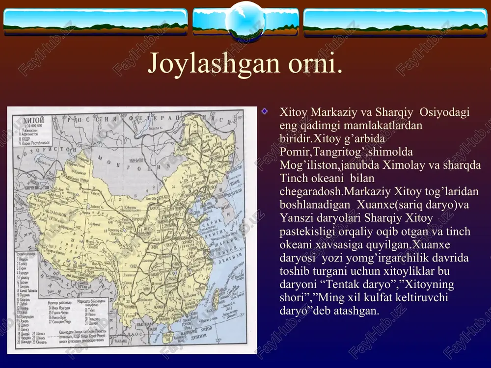 lash va igna sanchib davolashdan keng foydalanganlar. .tabiblar dori-darmonlardan foydalanishda ham katta yutuqlarga erishganlar.ular bemorni davolashda o’simlik va hayvonlardan olinadigan dorilardan keng foydalanganlar. qadimgi xitoy matematika, astranomiya, adabiyot va tarixiy bilimlar. xitoyliklar matematika sohasida ham katta yutuqlarga erishganlar.geometriya ham ancha rivojlangan va to’g’ri burchakli uchburchakning xususiyatlari aniqlangan.xitoy olimlarining astrano’mik kuzatuvlari in-shan davlati davrida boshlangan.ular sayyora va yuldizlarning harakatini to’g’ri kuzatganlar.xitoy astrano’mlari quyosh va oyning qachon tutilishini aytib berolganlar.ular fizika bilimi soxasida ham jiddiy yutuqlarga erisha olganlar. xitoy olimlari dunyoda birinchi bo’lib ko’mpisni kashf etganlar.ustalar ko’mpisni to’rtburchak temirdan yasaganlar.uning harakatlanuvchi ko’rsatkichi doimo janubni ko’rsatib turgan. xitoy davlatiing kengayishi va mamlakatni mamuriy rayo’nlarga bo’lish, xo’jalik yuritish zaruriyati geografik bilimlarni o’rganish zaruriyatini tug’dirgan. miloddan avvalgi viii asrda xitoy davlatining yerlari 9 ta viloyatga bo’linib,har bir viloyatning tog’lari,daryolari,yerlari va olinadigan soliqlari mufassal bayon etilgan. qadimgi zamonda xitoyda adabiyot ham ancha rivoj topgan.avval xalq og’zaki ijodiyoti ravnaq topgan.keyinchalik yozuvning kelib chiqishi bilan yozma adabiyot rivojlangan.bu …