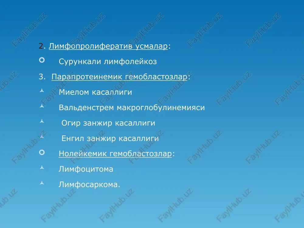 jish: mielotsit, metamielotsitlar paydo bulishi eozinofil-bazofil assotsiatsiyasi. tsitoximiya: neytrofillar ishkoriy fosfatazasi aktivligi keskin oshgan mielogramma: 1 boskichda granulotsitopoez erta xujayralari oshgan va granulotsitar usik yoshargan 2 boskichda mielogrammani sanash uchun aspirat olish juda mushkul. e’tiboringiz uchun rahmat