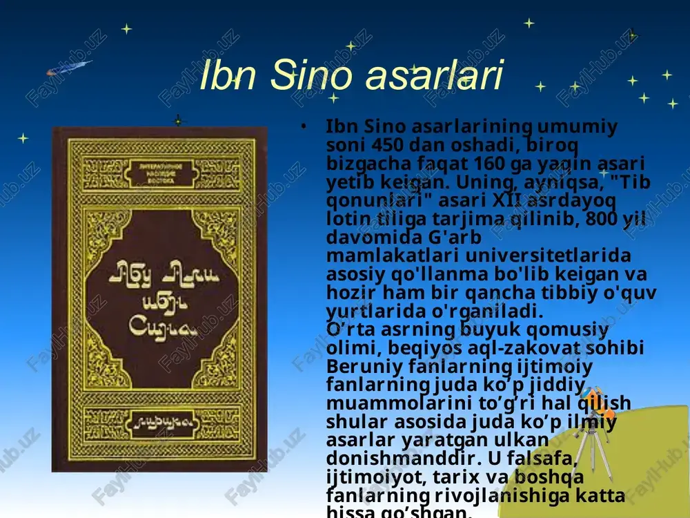 chun butunlay yangicha usulda aniqlab bergan. bu usulyevropada 500 yildan keyin. 1514 yili astronom verner tomonidan qaytadan kashf qilingan.allomaning, ayniqsa,tibbiyot sohasida ta’limoti bebahodir. bobokalonimizning bemorga tashxis qo’yish usullaridan ayrimlari hozircha ham qadrini yo’qotgani yo’q. u abadiy davom etadi istiqlol – abu ali ibn sinoning izzat-hurmatini, qadrini, xotirasinigina emas, uning g’oyalarini ham tikladi. bobokalonimiz “aqsom al-ulum al aqliya”(aqli ilmlar tasnifi) asarining amaliy falsafa qismida insonlar o’zaro totuv,hamkorlikda, bir-birlariga ko’mak berishga shay holatda yashasalar,o’zaro kelishilgan qonunlar asosida jamiyatda adolatni barqaror qilsalar,yuksak axloqiy hislatlar:to’g’riso’zlik,qat’iyat,kamtarlik,jasurlik, sofdillik, tashabbuskorlik jamiyat va uning a’zolari fazilatiga aylansa,qabul qilingan qonunlar ustuvor bo’lsa,unga bo’ysunib ish yuritish taomilga kirsa,ideal jamiyat shu mavjud dunyoda barpo rtish mumkin,deb ta’kidlaydi.mustaqilligimizning ilk kunlaridan bugunga qadar biz yurtboshimiz rahnamoligida ana shunday barqaror jamiyat sari qadam tashlanayotganini ko’ramiz tib ilmining sarvari. abu ali al-husayn ibn abdulloh ibn al-hasan ibn ali sharqda ibn sino, g’arbda avisenna nomi bilan tanilib, tibbiyot fanining asoschisi sifatida bashariyat tamadduni tarixida o’chmas saxifa …