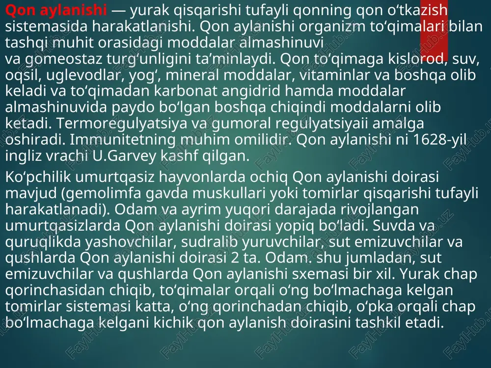 o`lmalarining devori qorinchalarining devoriga qaraganda ancha yupqa bo`ladi. bu yurak bo`lmalai bajaradigan ish uncha ko`p emasligiga bog`liq. * yurakning har qaysi bo`lmasi bilan qorinchasi o`rtasida tavaqalar shaklidagi klapanlar (qopqoqlar) bo`ladi. ular pay iplari yordamida yurak devorlariga birikkan. bular tavaqali klapanlar deyiladi.yurak bo`lmalari qisqarganda klapanlar tavaqasi qorinchalar ichiga osilib turadi. shuning uchun qon bo`lmalardan qorinchalarga bemalol o`tadi.qorinchalar qisqarganda esa klapanlar tavaqasi yuqoriga ko`tarilib yopilib qoladi. * arteriya – yurakdan tanaga qonni olib ketuvchi qon tomirlaridir. ularning devori qalin va egiluvchan bo`lib tarkibiga silliq muskullar ham kiradi.yurak qisqarganda qonni arteriyalarga katta bosim bilan haydaladi. arteriyalarning devori qalin va egiluvchan bo`lganligi sababli bunday bosimga chidaydi va cho`ziladi. yirik arteriyalar yurakdan uzoqlashgani sari tarmoqlanib ketadi. eng mayda arteriyalar juda ingichka kapillyarlarga ajraladi. ularning devori bir qavatli yassi hujayralardan tuzilgan bo`ladi. 20 * qon plazmasida erigan moddalar kapillyarlar devori orqali to`qima suyuqligiga, u erdan esa hujayralarga o`tadi. hujayralar hayot faoliyatining mahsulotlari to`qima suyuqligidan kapillyarlarning devori …