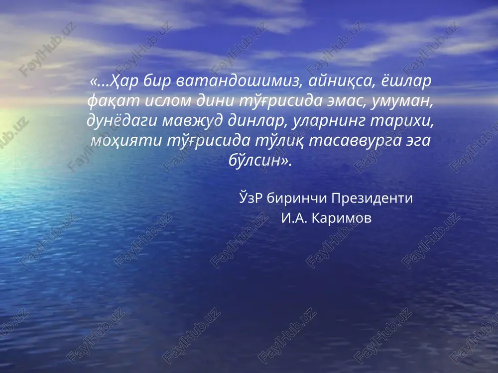 asidagi asosiy ziddiyat buddaning qaysi yillarda yashaganligi xususidadir. ular eramizdan avvalgi ix-iii asrlar orasidagi turli muddatlarni ko'rsatadilar. rasmiy buddaviylik hisobiga ko'ra esa butama - budda er. av. 623 yilda tug'ilib, 544 yilda vafot etgan. biroq, ko'pchilik tadqiqotchilar uning tug'ilishi er. av. 564 yilda, o'limi esa 483 yilda deb hisoblaydilar. ba'zan 560 - 480 deb to'liq sonlar bilan ko'rsatadilar. buddaviylik asoschisi budda ko'p yillar davomida er yuzidagi turli mavjudotlar qiyofasida qayta tug'ilgan: 84 marta ruhoniy, 58 marta podshoh, 24 marta rohib, 13 marta savdogar, 18 marta maymun, 12 marta tovuq, 8 marta g'oz, 6 marta fil, shuningdek, baliq, qurbaqa, kalamush, quyon kabi qiyofalarda qayta tug'ilgan. jami 550 marta qayta tug'ilgan. u doimo qaerda, qay qiyofada tug'ilishini o'ziga o'zi belgilagan. so'nggi marta uni xudolar insoniyatni to'g'ri yo'lga boshlashi uchun inson qiyofasida yaratganlar. a)azob-uqubat xaqidagi ta'limot azob-uqubat xaqidagi ta'limot unga ko'ra, azob-uqubatning mutlaq ekanligi tan olinadi, ya'ni yashamoq, tug'ilmoq, kasallik, o'lim, yaqin odamidan …