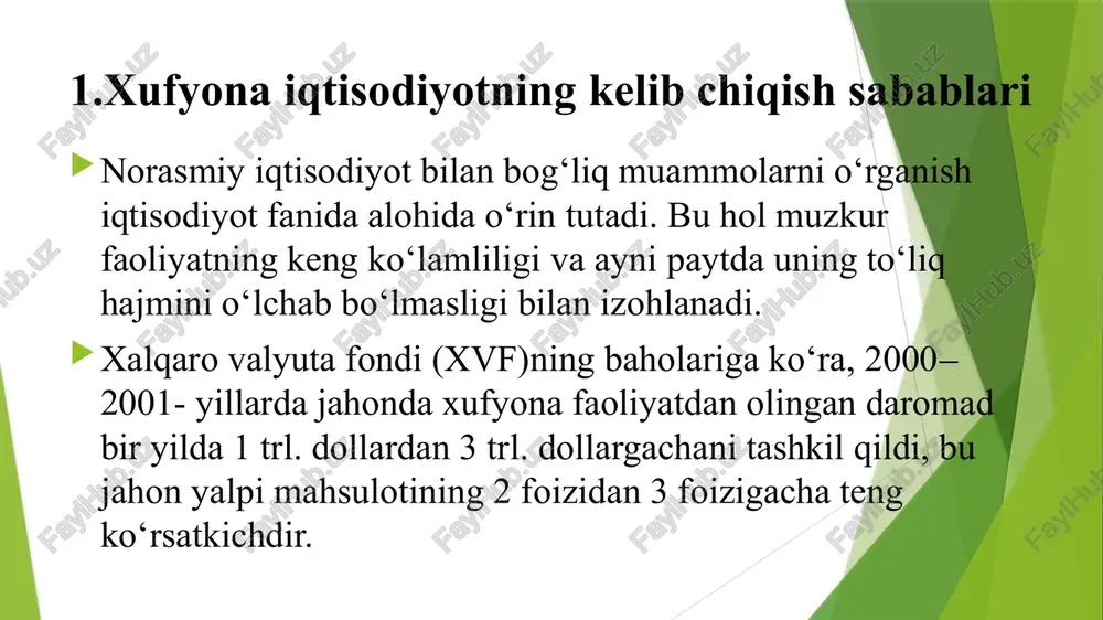 an foydalanish xarajatlari (yuridik shaxsni ro‘yxatga olish, litsenziya olish, bankda hisobvaraqlar ochish, yuridik manzilga ega bo‘lish va boshqa rasmiyatchiliklarni bajarish xarajatlari); qonun doirasida faoliyatni davom ettirish zarurati bilan bog‘liq xarajatlar (soliqlarni to‘lash; mehnat munosabatlari sohasida qonun talablarini bajarish (ish kunining uzunligi, eng kam ish haqi, ijtimoiy kafolatlar); oshkora sud tizimi doirasida nizolarni hal etishda sud xarajatlarini to‘lash). ta’kidlash joizki, qonunga bo‘ysunish bahosi nafaqat to‘g‘ridanto‘g‘ri xarajatlarni, balki u yoki bu tadbirlarni bajarish uchun vaqt sarflarini ham o‘z ichiga oladi. bunda uning aynan ushbu tarkibiy qismi qator holatlarda juda katta bo‘ladi. masalan, lima shahrida uy-joyni qurish uchun ruxsat olish tadbiri taxminan 4 yil-u 1 oy, mayda ulgurji bozorini tashkil qilish uchun ruxsat olish 17 yil, kichik do‘konni ochish uchun ruxsat olish 43 kun vaqtni olgan. «uchinchi dunyo» ayrim mamlakatlarida yuridik shaxsni ro‘yxatga olish uchun talab etiladigan xarajatlar 6.1.1-jadvalda keltirilgan. 2. xufyona iqtisodiyot turlarining tasnifi va uni baholashga nisbatan yondashuvlar xufyona iqtisodiyot – …